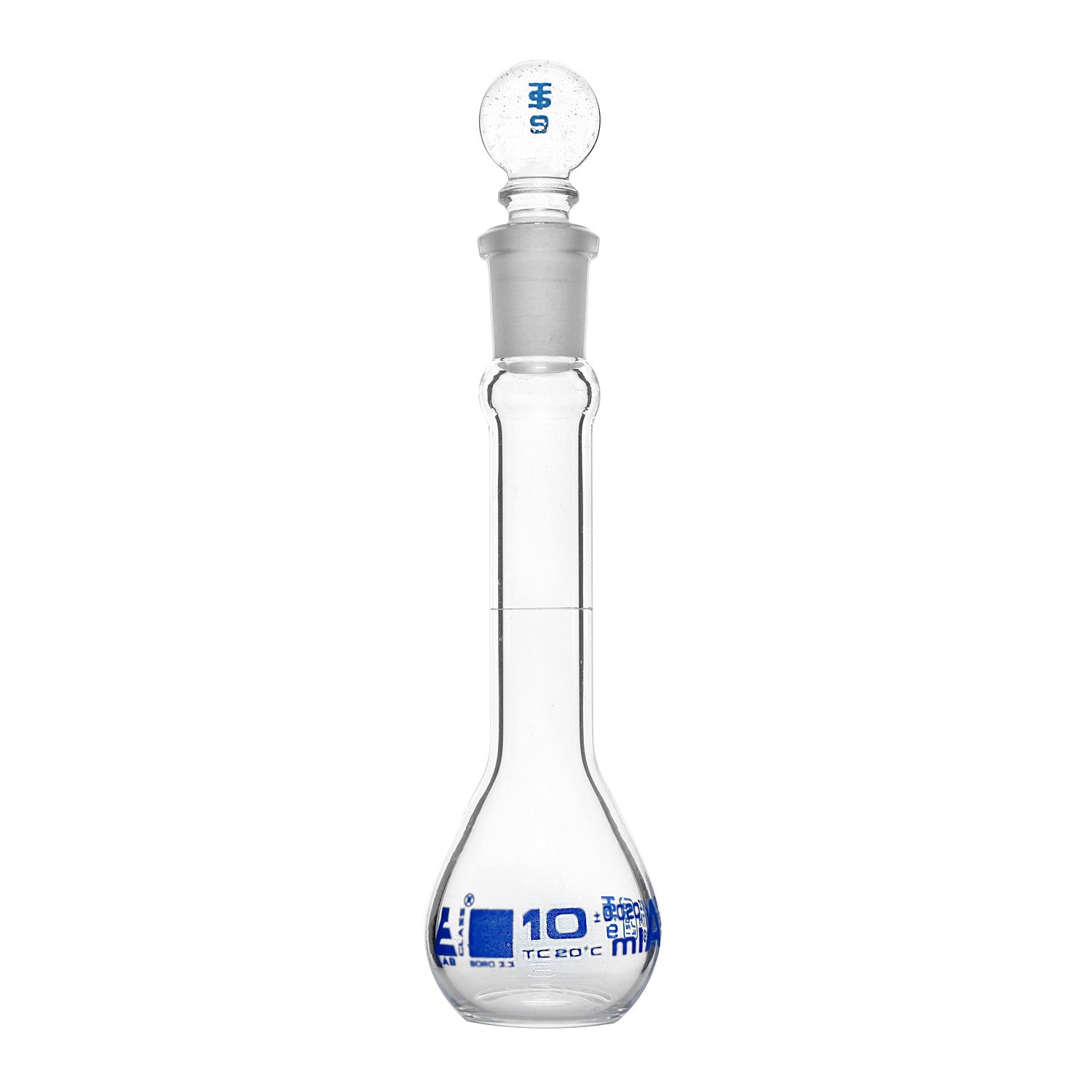 10 mL Class A Volumetric Flask with Glass Stopper – Blue Graduation, Borosilicate Glass, ASTM Precision – Eisco Labs