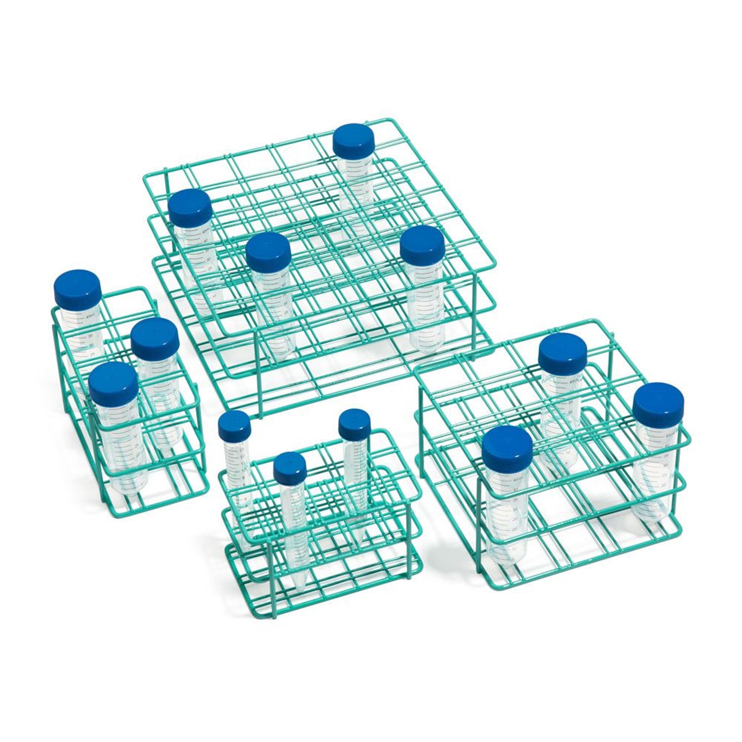 United Scientific® 15-Place Coated Wire Rack for 15 mL Centrifuge Tubes, Blue – Epoxy-Coated Steel, Autoclavable