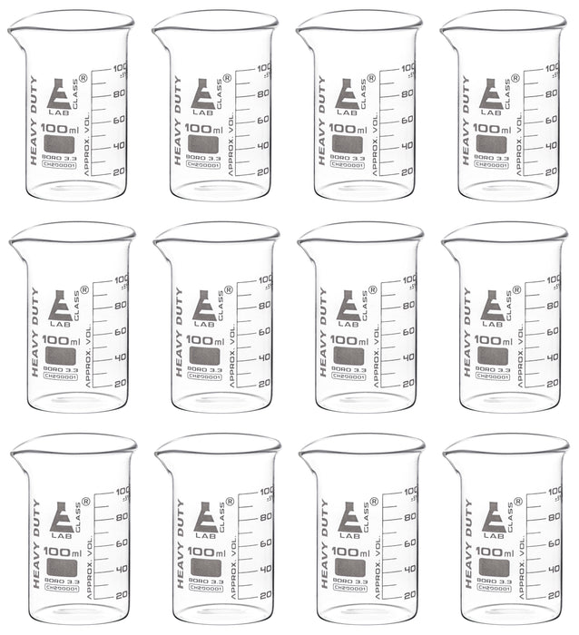 Eisco Labs 100mL Heavy Duty Glass Beakers (Pack of 12) – Borosilicate 3.3 Glass, 2.5mm Thick, Durable White Graduations