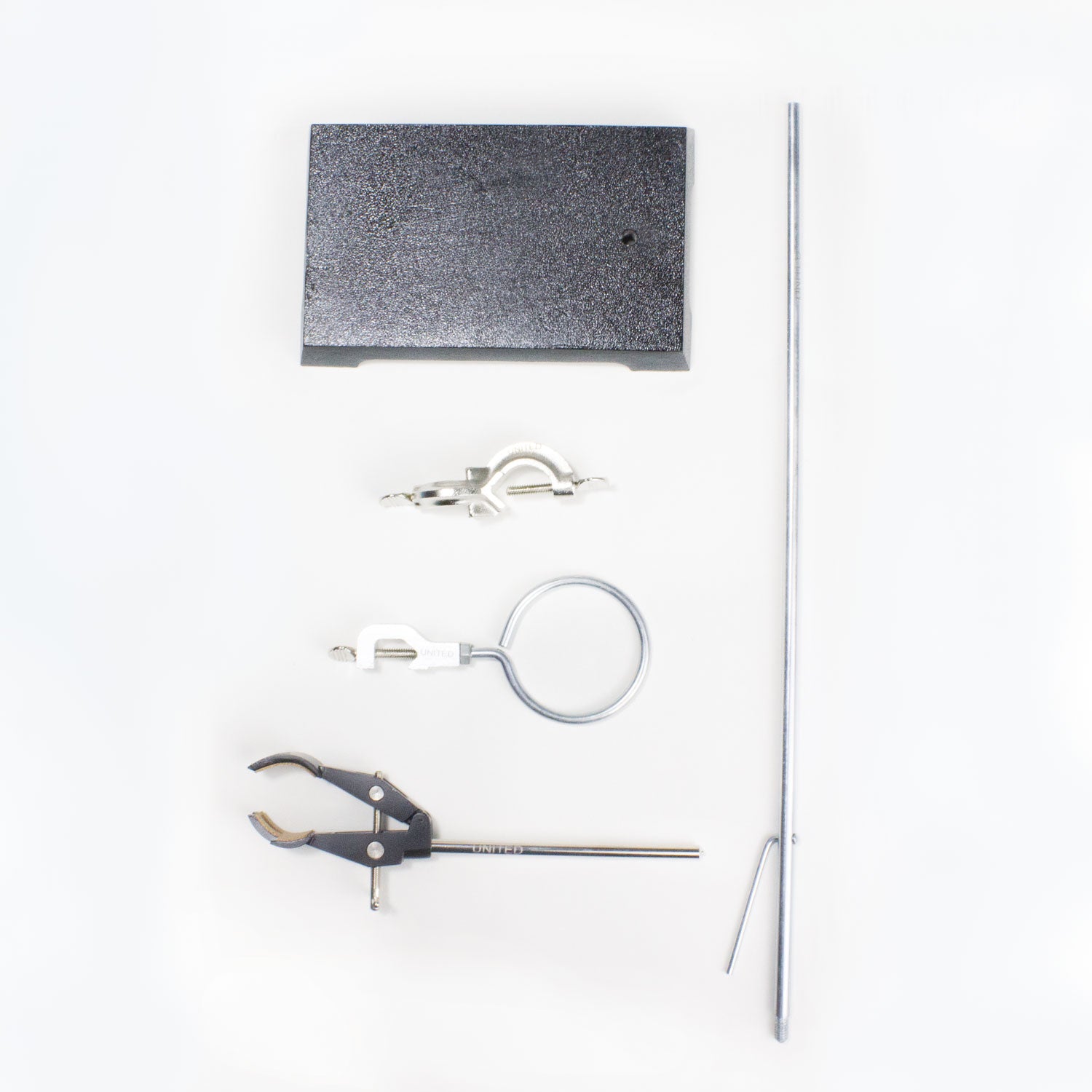 United Scientific® Deluxe Metalware Kit – Support Stand with Cast Iron Base, Steel Rod, Rings & Clamps for Laboratory Use