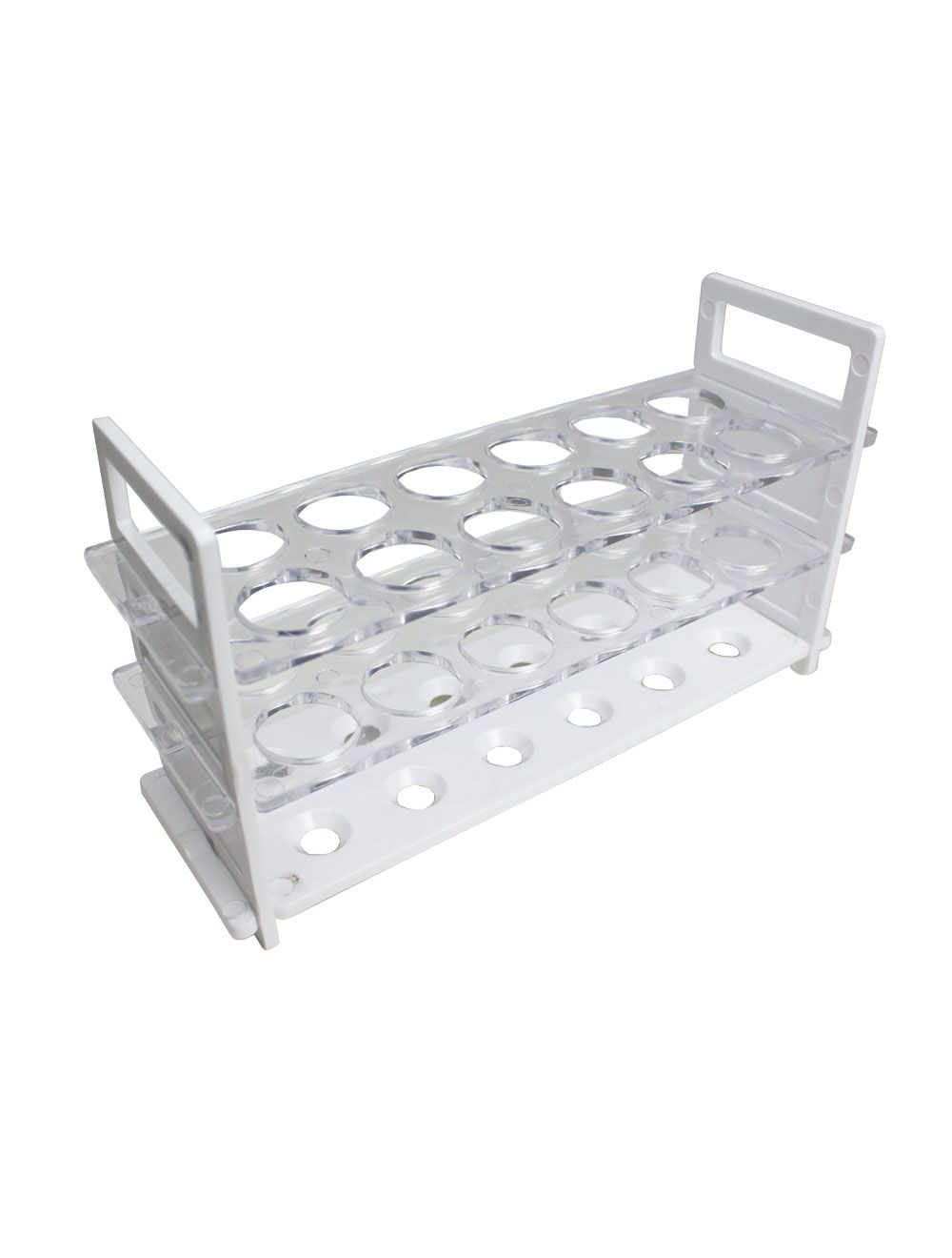 United Scientific® Polycarbonate Test Tube Rack – 12-Place, 25mm Tube Capacity, White Base with Clear Tiers, Autoclavable