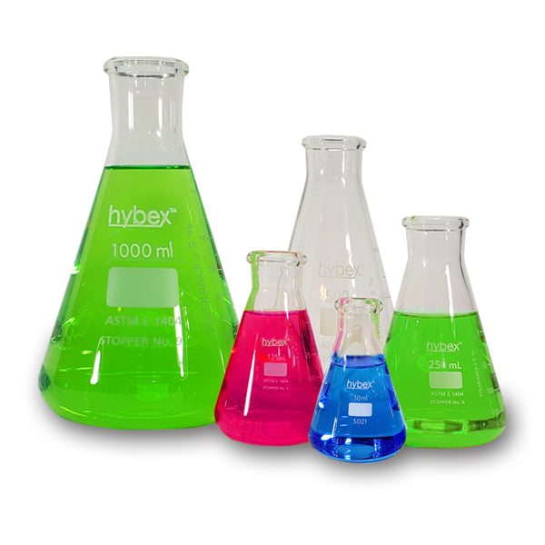 hybex™ Erlenmeyer Flasks – Borosilicate Glass, Autoclavable | 50mL to 2000mL, Multiple Sizes