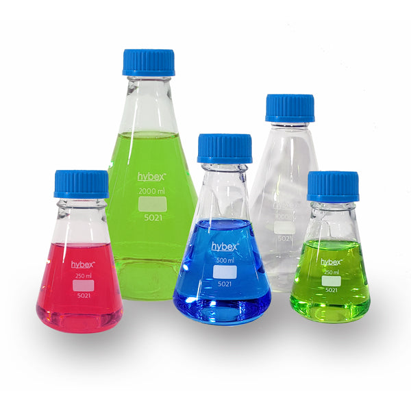 hybex™ Erlenmeyer Flasks with GL45 Threaded Caps – Borosilicate Glass, Autoclavable, Multiple Sizes Available