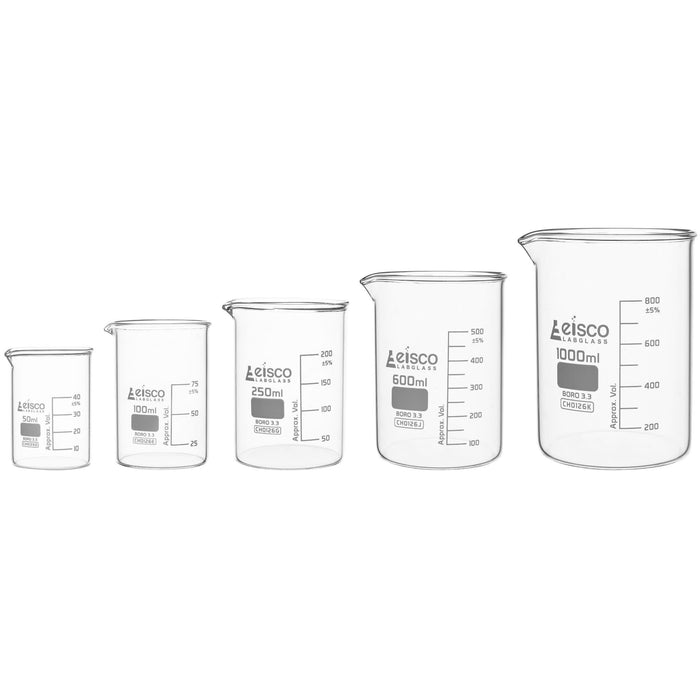Eisco Labs Borosilicate Glass Beaker Set – 5 Piece (50mL, 100mL, 250mL, 600mL, 1000mL) | Low Form Laboratory Beakers with White Graduations – Durable, Heat & Chemical Resistant Glassware