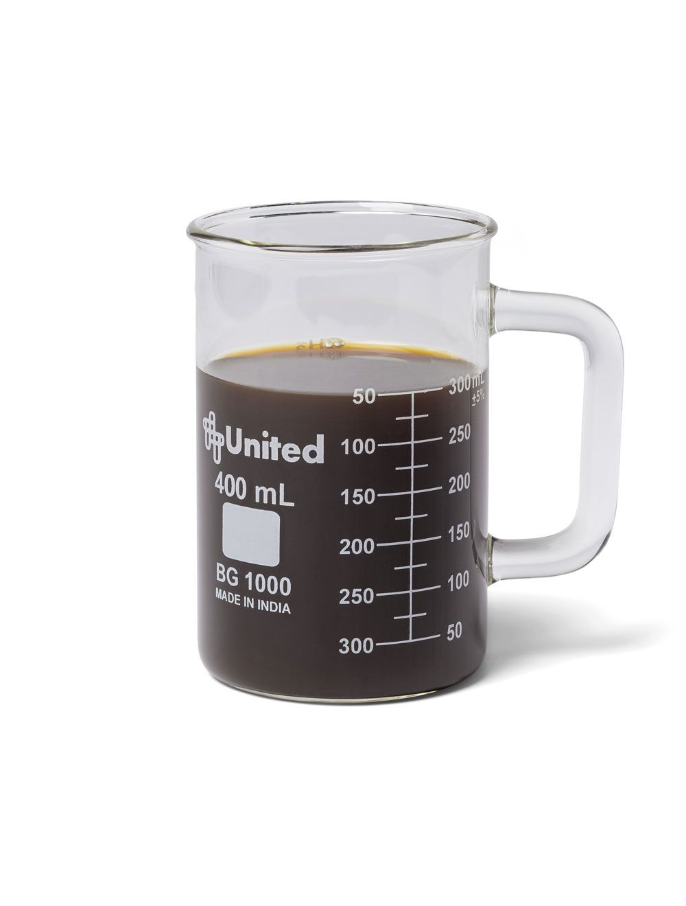 United Scientific® 400mL Low Form Beaker Mug with Handle – Borosilicate Glass, Dual Graduations, Caffeine Molecule Print