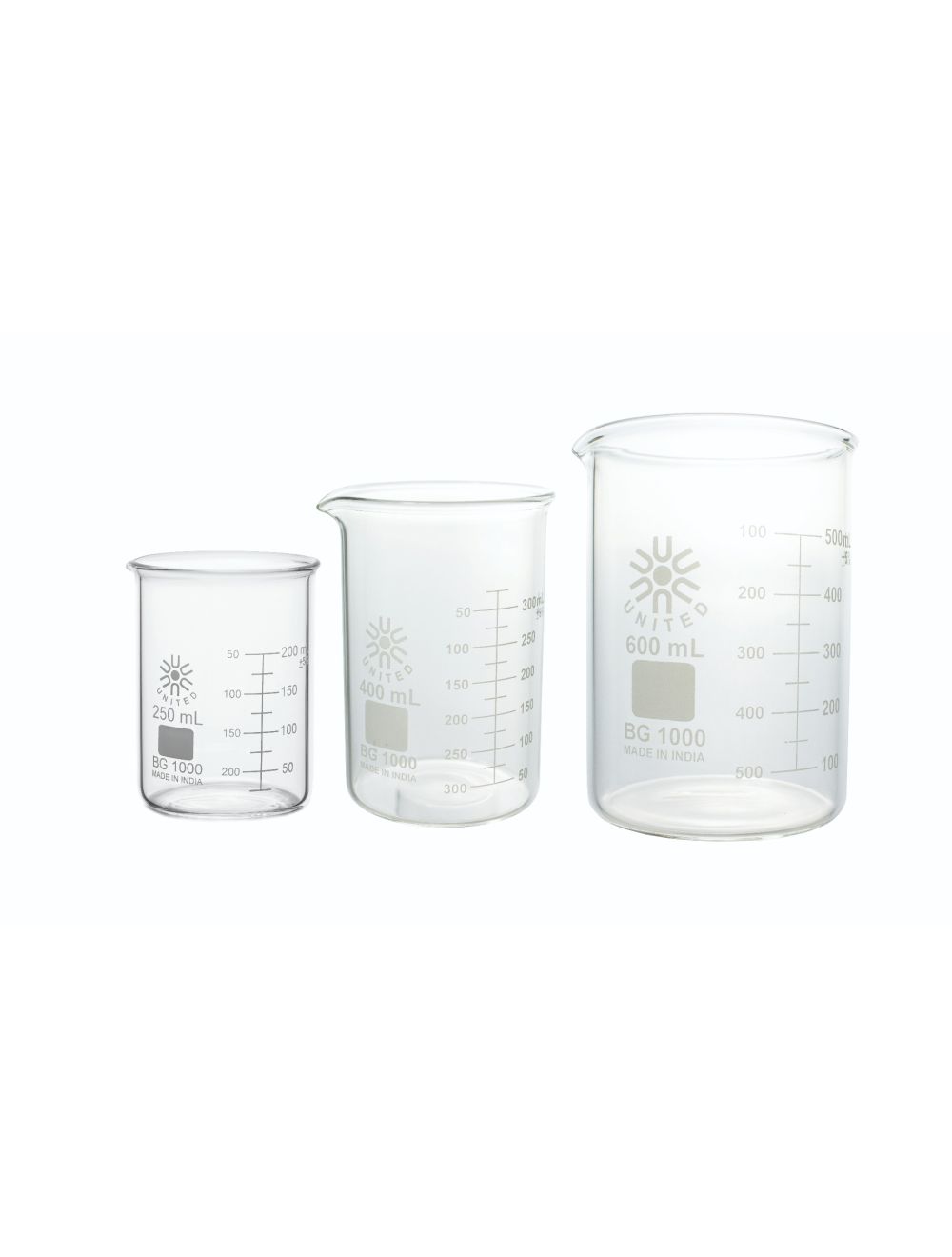 United Scientific® Borosilicate Glass Beaker Set – 250mL, 400mL, 600mL – Lab-Grade Starter Set (3 Pieces)