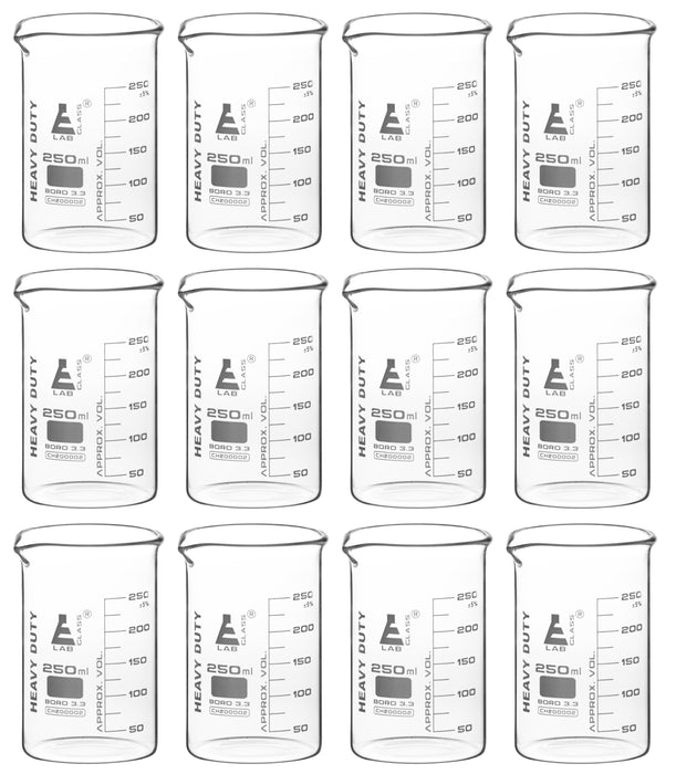 Eisco Labs 100mL Heavy Duty Glass Beakers (Pack of 12) – Borosilicate 3.3 Glass, 2.5mm Thick, Durable White Graduations