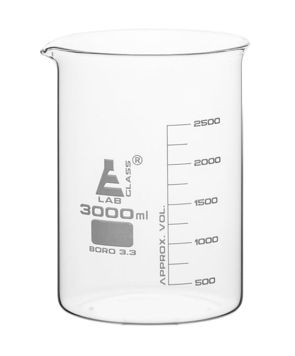 3000mL Low Form Beaker – Borosilicate Glass 3.3, White Graduations, Heavy-Duty Lab Beaker with Pouring Spout – Eisco Labs