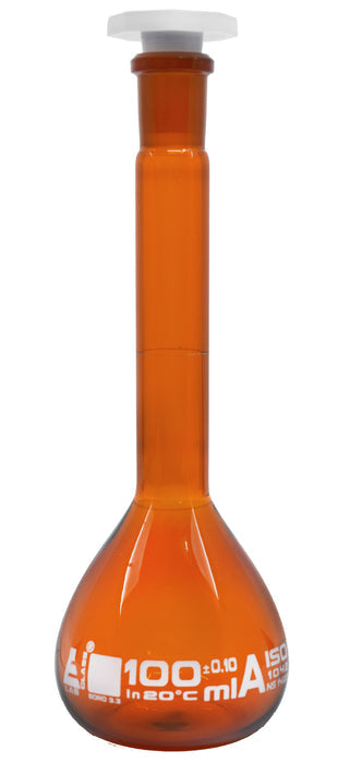 100 mL Class A Amber Volumetric Flask with 14/23 Polypropylene Stopper – Borosilicate Glass, White Graduation, High-Precision Laboratory Flask