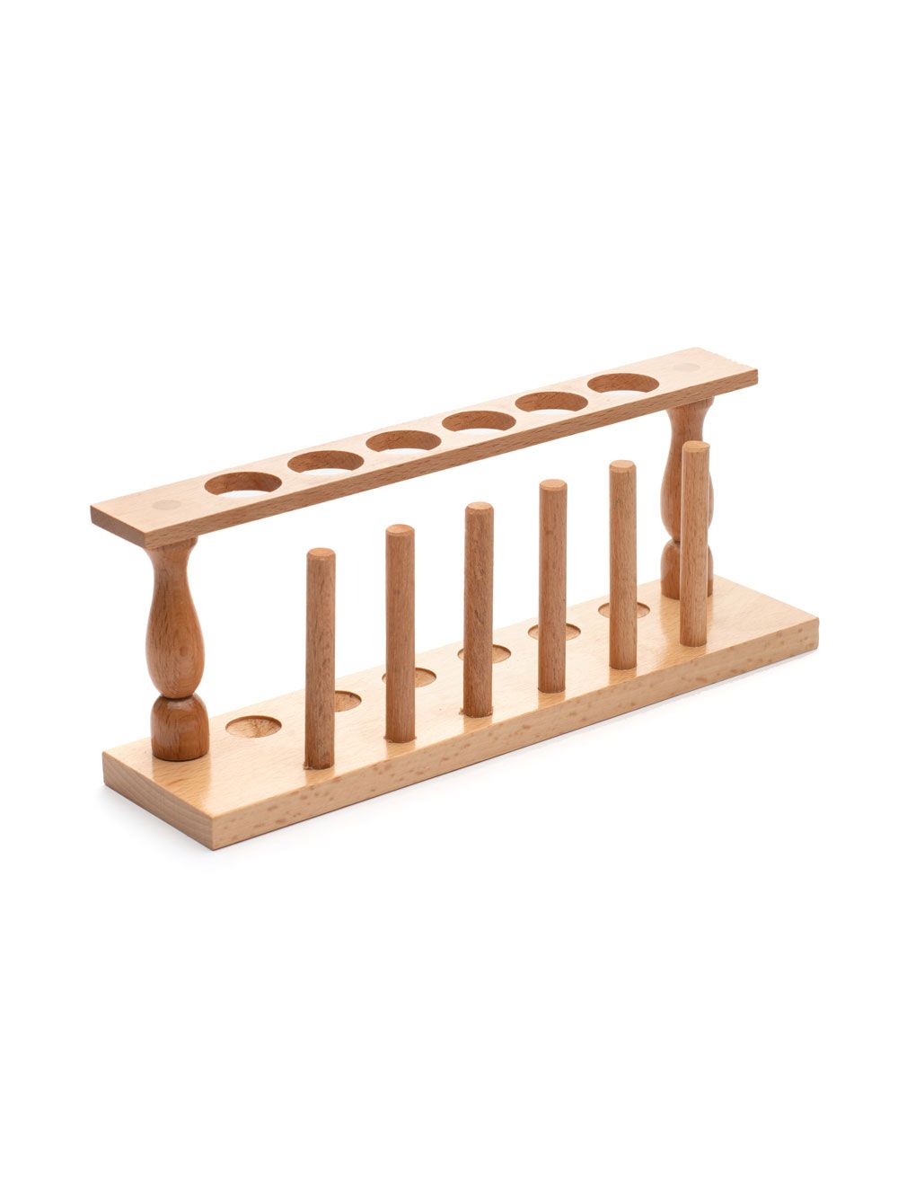 United Scientific® Wooden Test Tube Rack – 6-Tube Capacity, Solid Hardwood with Drying Pins