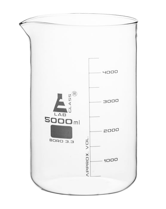 3000mL Low Form Beaker – Borosilicate Glass 3.3, White Graduations, Heavy-Duty Lab Beaker with Pouring Spout – Eisco Labs