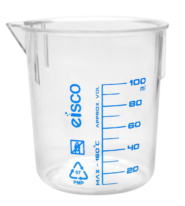 100mL TPX Plastic Beaker with Spout – Blue Graduations, Heat & Chemical Resistant Lab Beaker – Eisco Labs