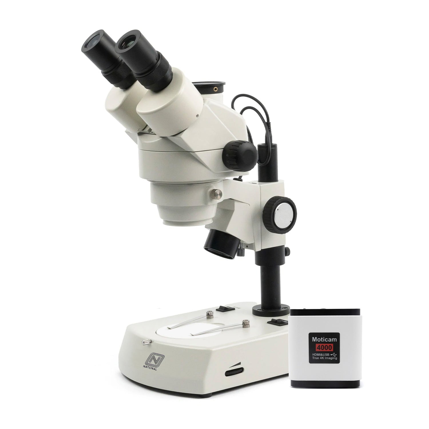 National Trinocular Stereo Zoom Microscope with 4K UHD Moticam 4000X Camera – 6:1 Zoom Ratio, 110mm Working Distance