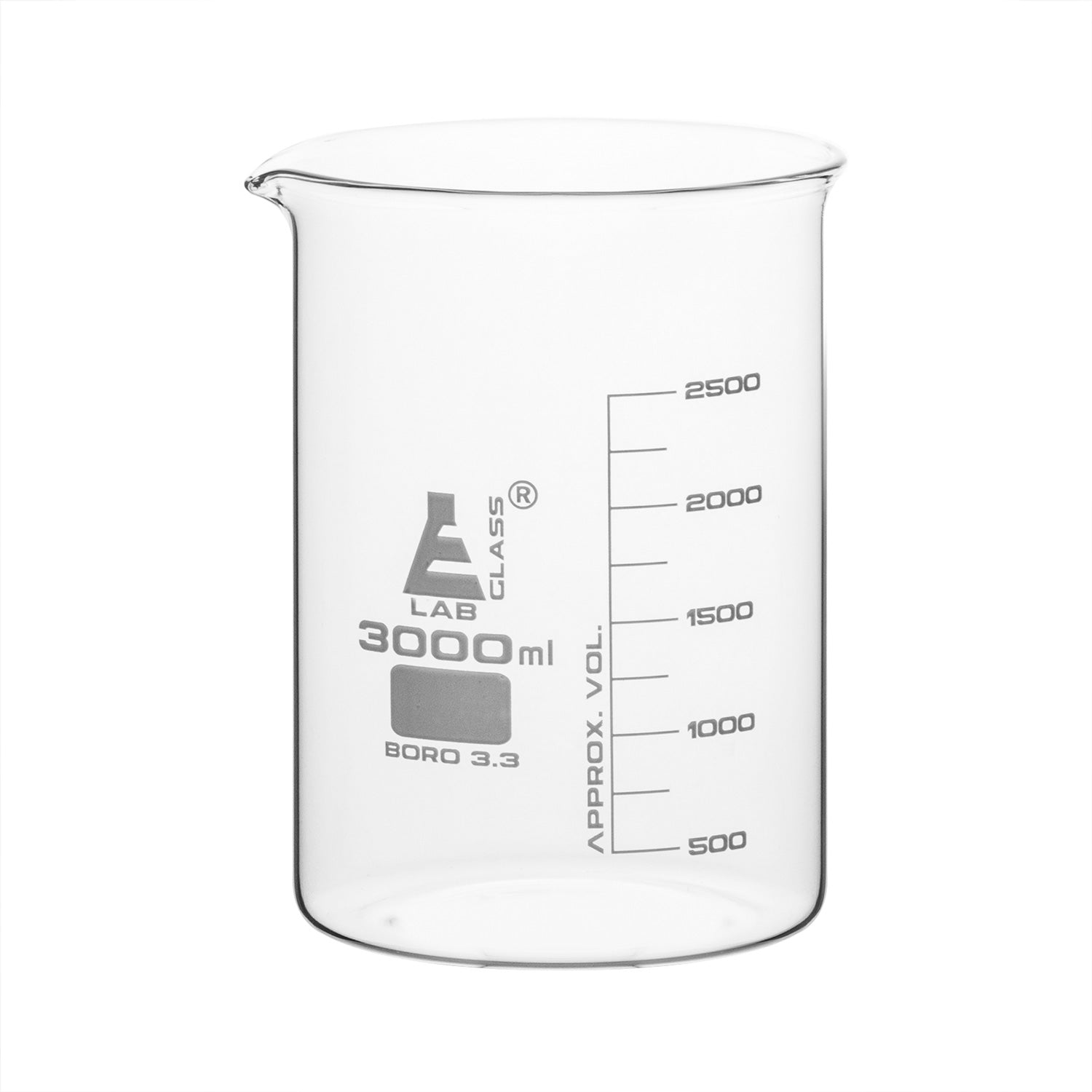 Low Form Borosilicate Glass Beaker with Spout, Heavy Duty 3.3 Glass, White Graduations, 3000mL–10000mL - Eisco Labs