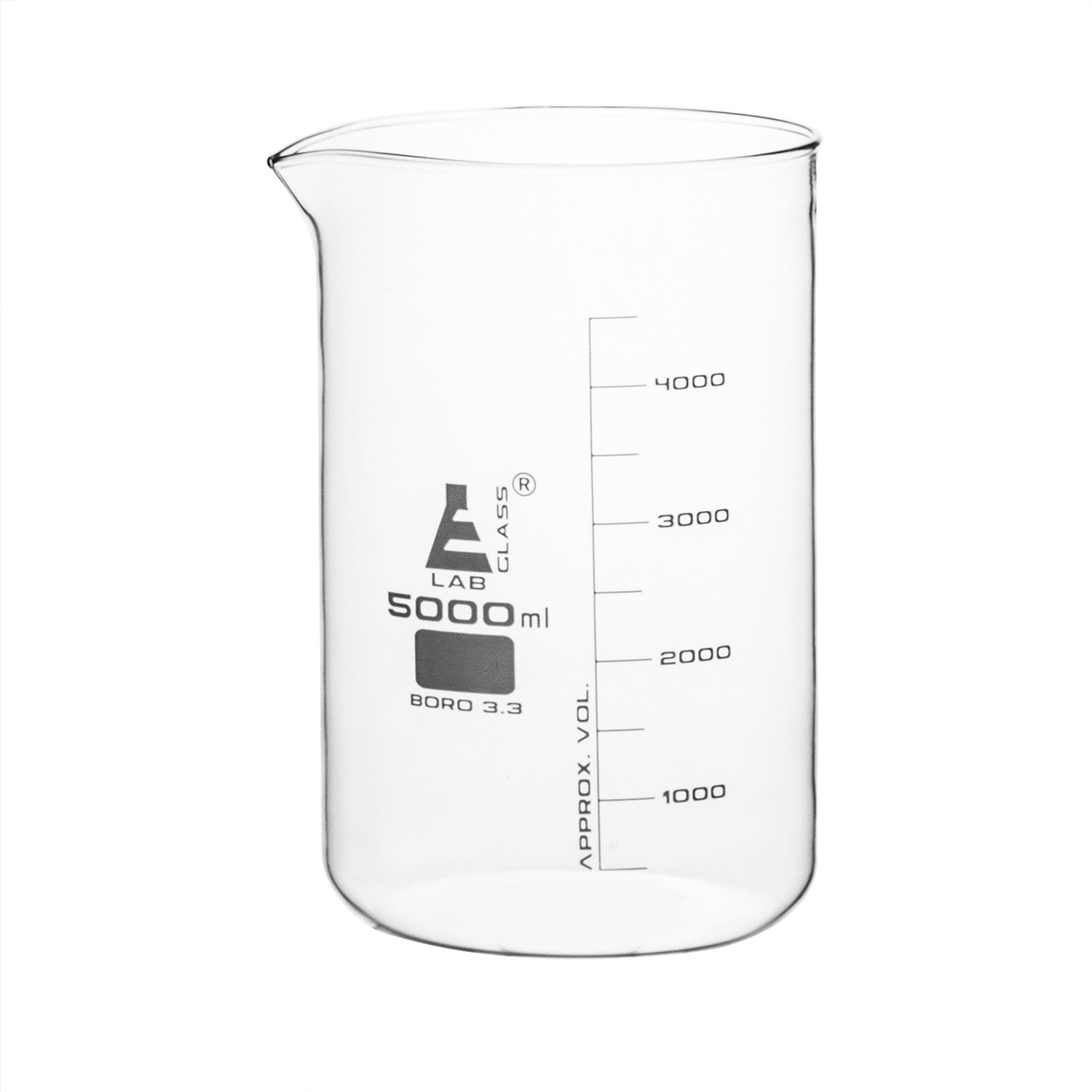 Low Form Borosilicate Glass Beaker with Spout, Heavy Duty 3.3 Glass, White Graduations, 3000mL–10000mL - Eisco Labs