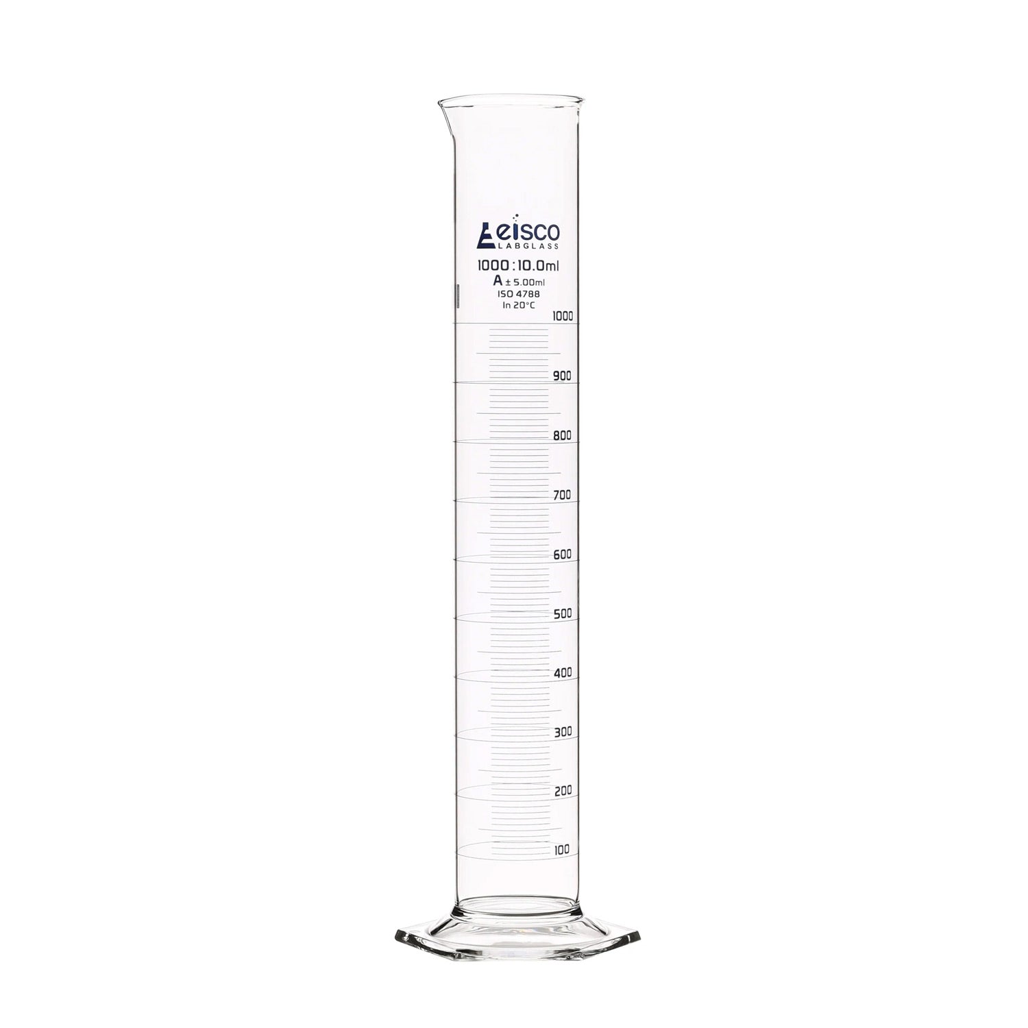 1000mL Class A Glass Graduated Cylinder with Hexagonal Base & Blue Graduations – Borosilicate 3.3, Eisco Labs