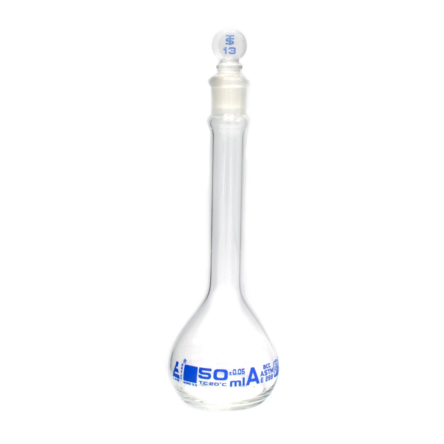 10 mL Class A Volumetric Flask with Glass Stopper – Blue Graduation, Borosilicate Glass, ASTM Precision – Eisco Labs