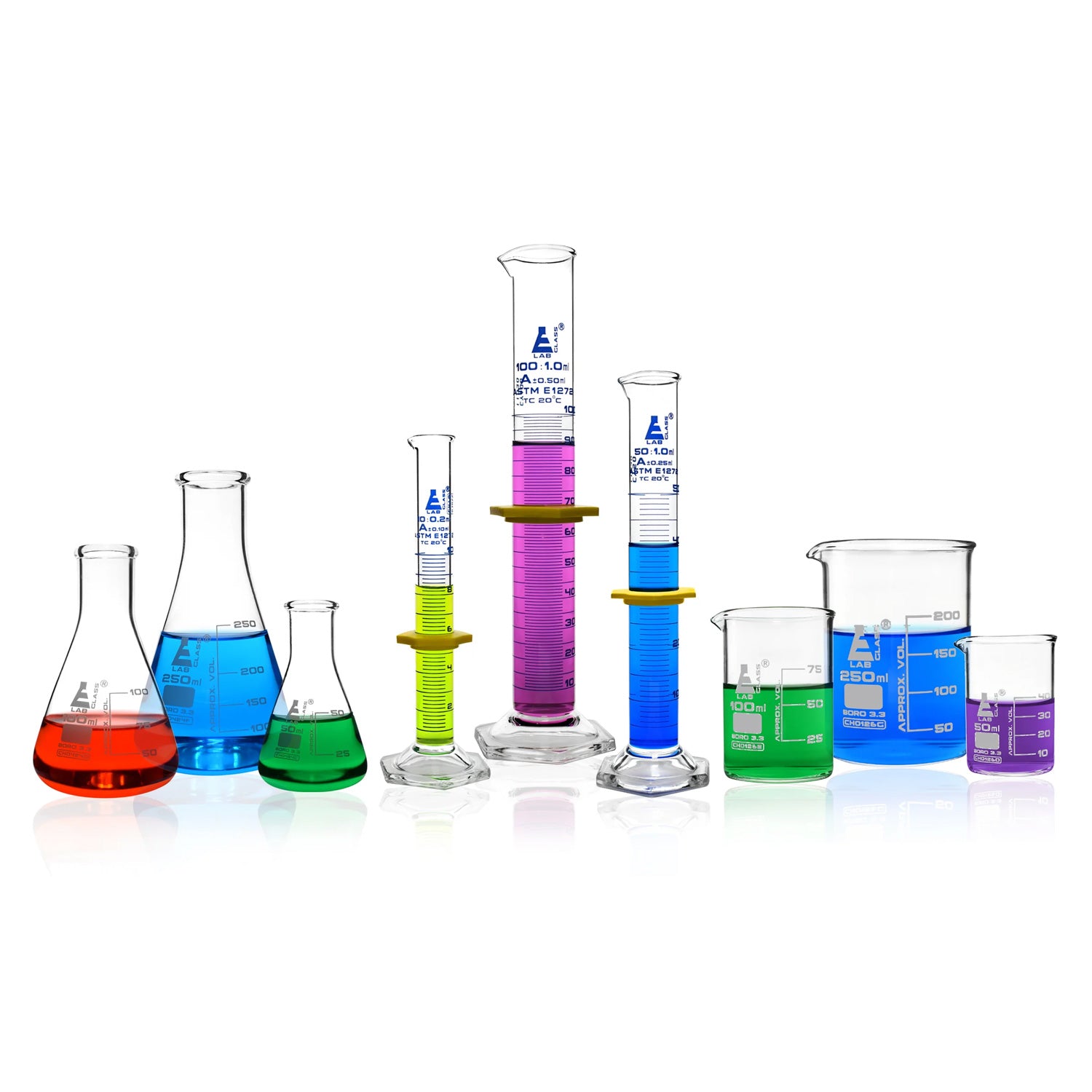Eisco Labs 9-Piece Glassware Safety Pack – Borosilicate Beakers, Erlenmeyer Flasks & ASTM Class A Measuring Cylinders