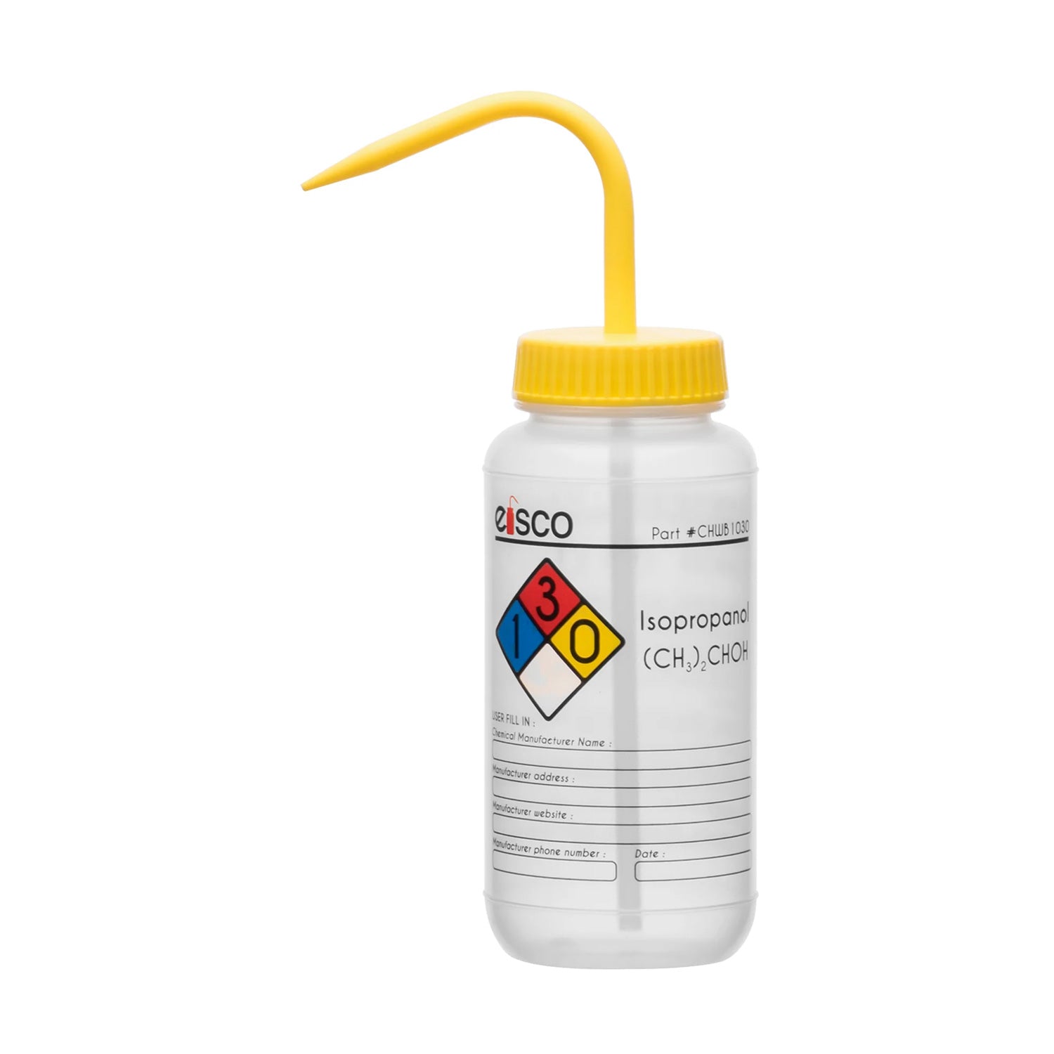 Performance Plastic Isopropanol Wash Bottle – 500mL, LDPE, Self-Venting, GHS Labeled (Pack of 1, Yellow Cap)