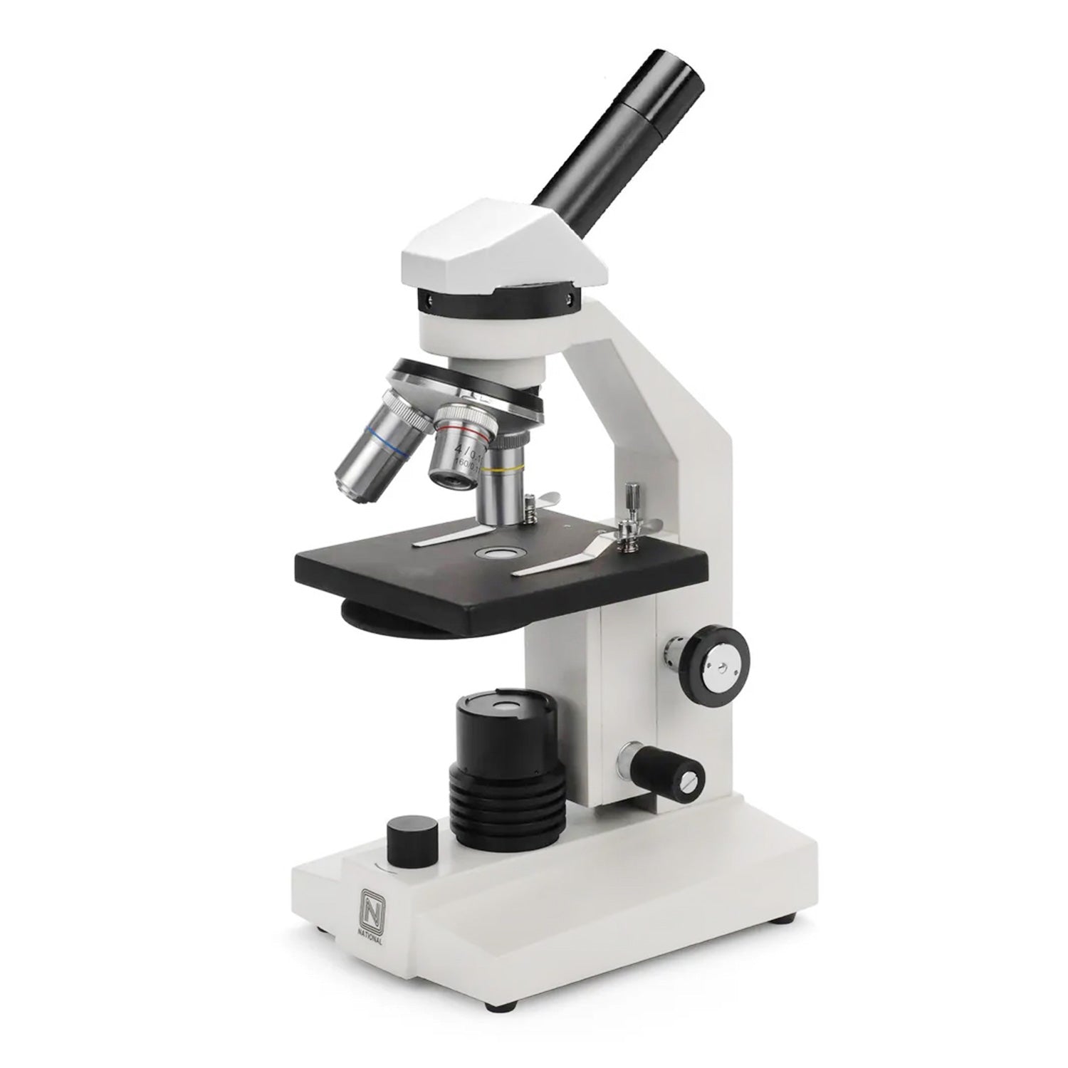 National 131 Series Monocular LED Compound Microscope – Cordless & Corded Models with Mechanical Stage, Rechargeable Illumination, and DIN Optics for High School & Educational Labs