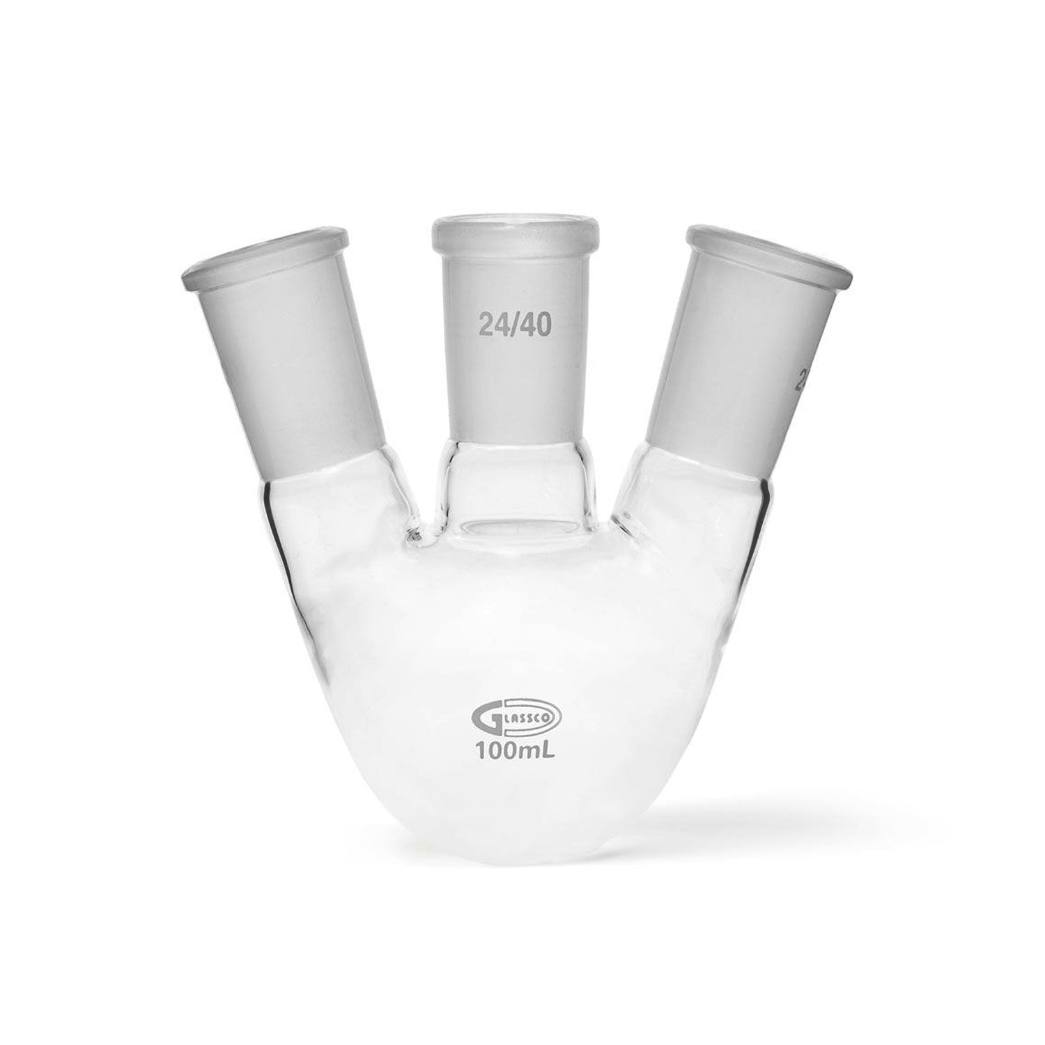 United Scientific® 100mL 3-Neck Round Bottom Flask, Angular, 24/40 Joints, Borosilicate Glass