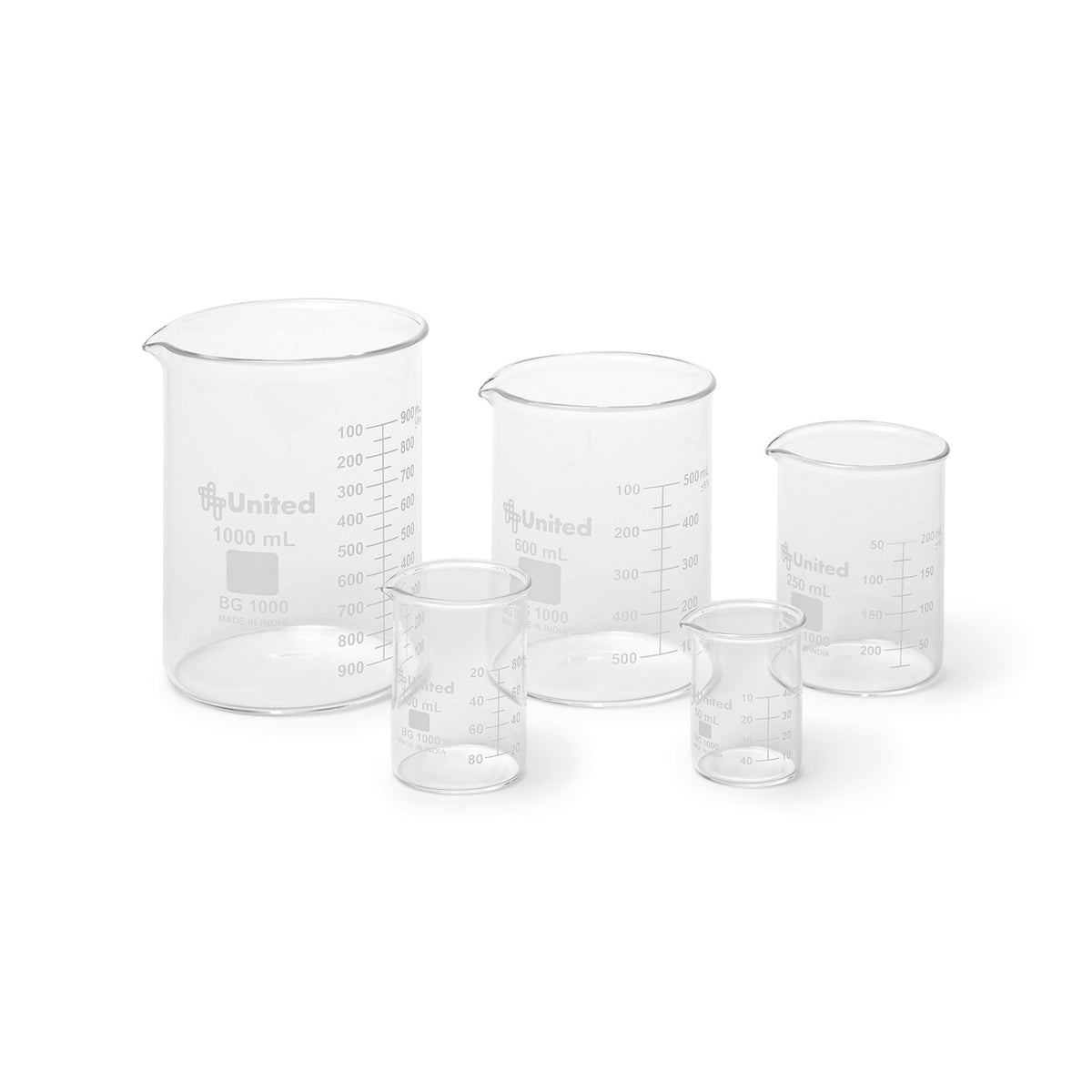 United Scientific® Borosilicate Glass Beaker Set – 5 Piece Lab Starter Kit (50mL–1000mL)