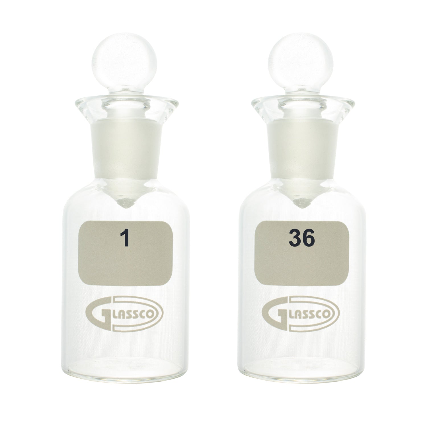 BOD Bottles, Numbered, Borosilicate Glass, with Glass Stoppers, Barcoded Options (60 mL & 300 mL)