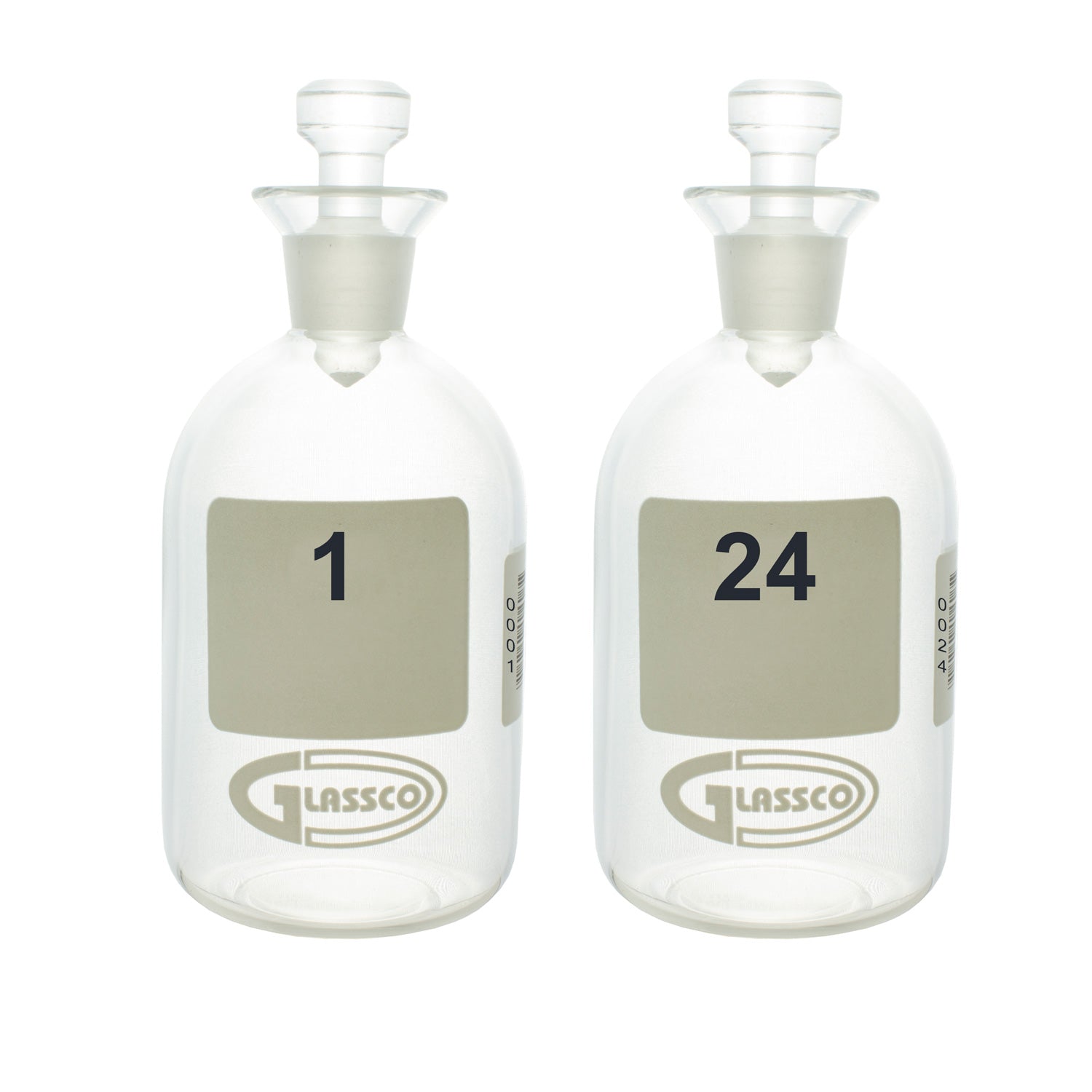 BOD Bottles, Numbered, Borosilicate Glass, with Glass Stoppers, Barcoded Options (60 mL & 300 mL)