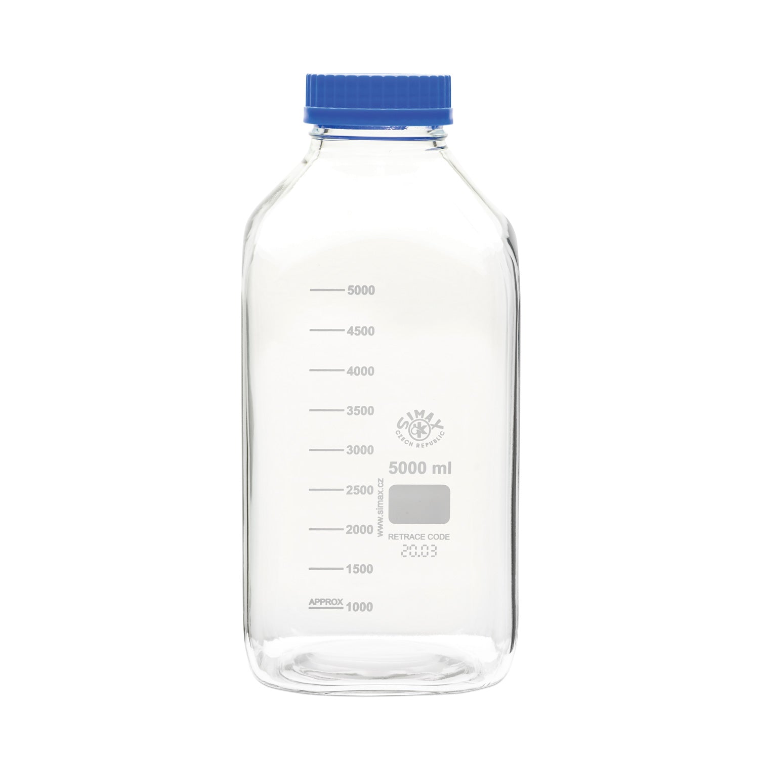 GL 80 Wide Mouth Square Media Storage Bottles, Borosilicate Glass, Autoclavable, with Screw Caps (500–5000 mL)
