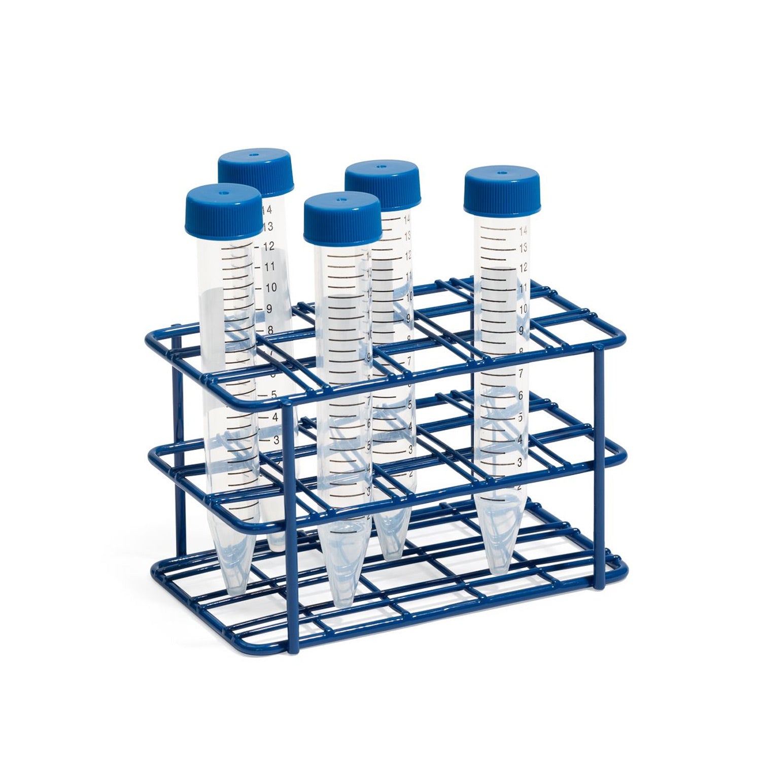 United Scientific® 15-Place Coated Wire Rack for 15 mL Centrifuge Tubes, Blue – Epoxy-Coated Steel, Autoclavable