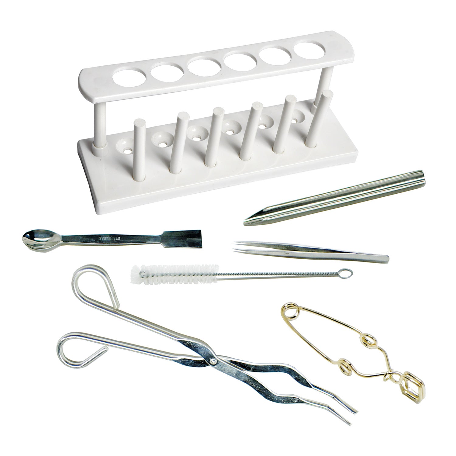 Deluxe Laboratory Tools Kit – 7 Piece Lab Equipment Set with Test Tube Rack, Brush, Clamp, Tongs, Spatula, Scoop & Forceps