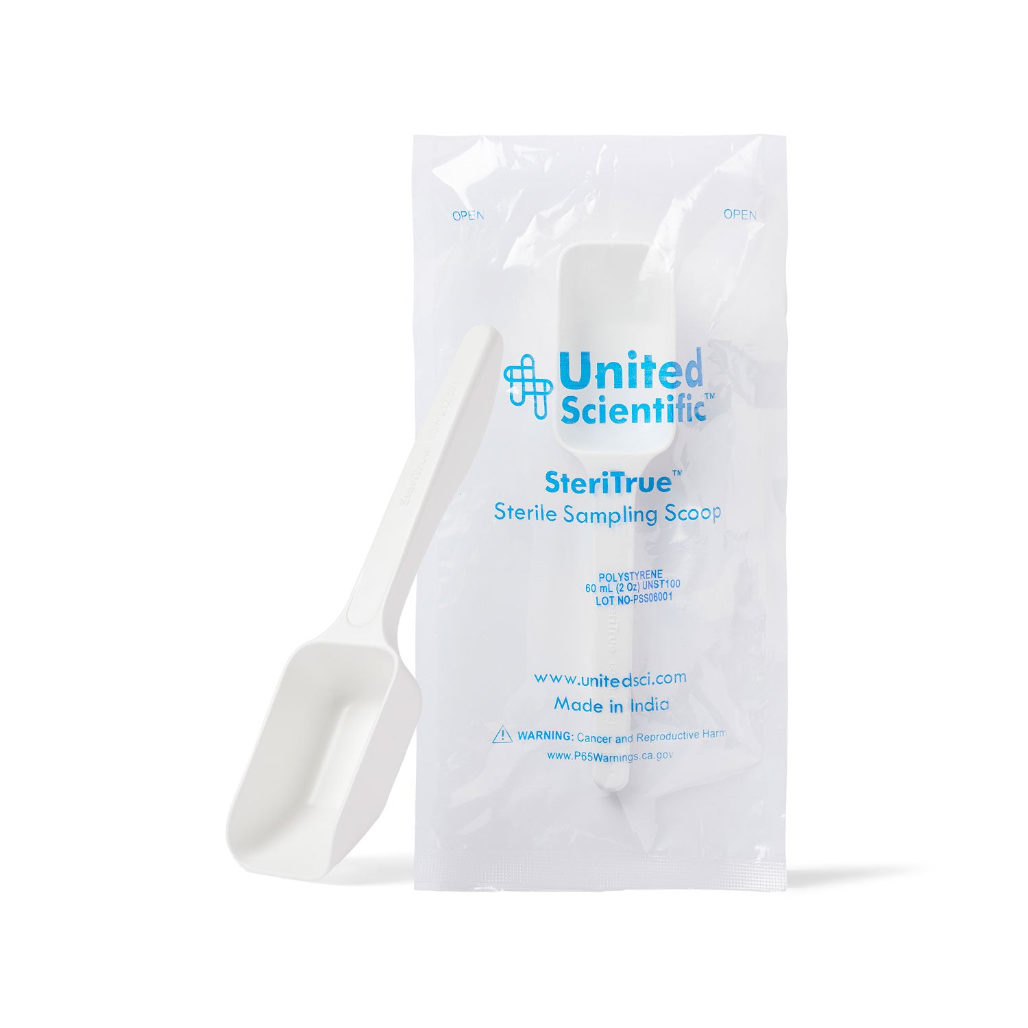 United Scientific® Steritrue™ Sterile Sampling Scoops – 60 mL (2 oz), Polystyrene, Pack of 100