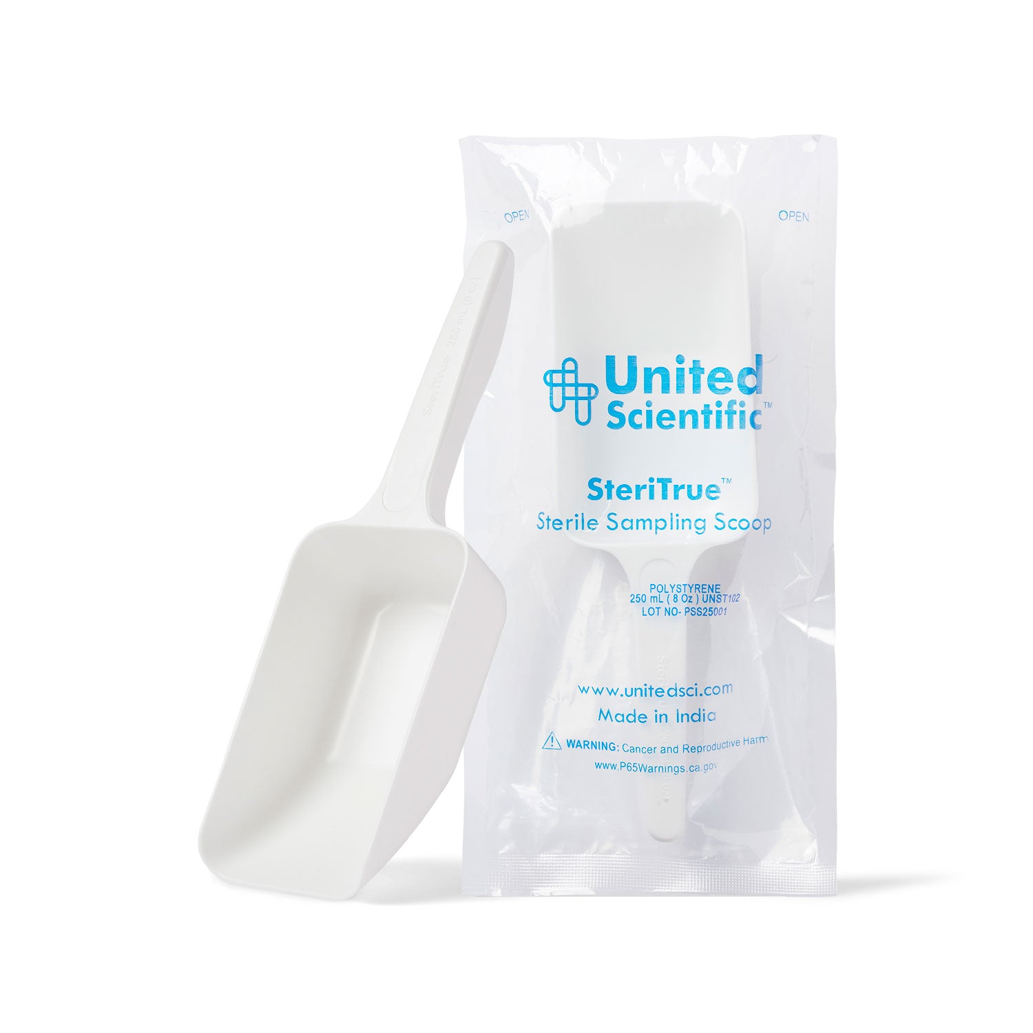 United Scientific® Steritrue™ Sterile Sampling Scoops – 60 mL (2 oz), Polystyrene, Pack of 100