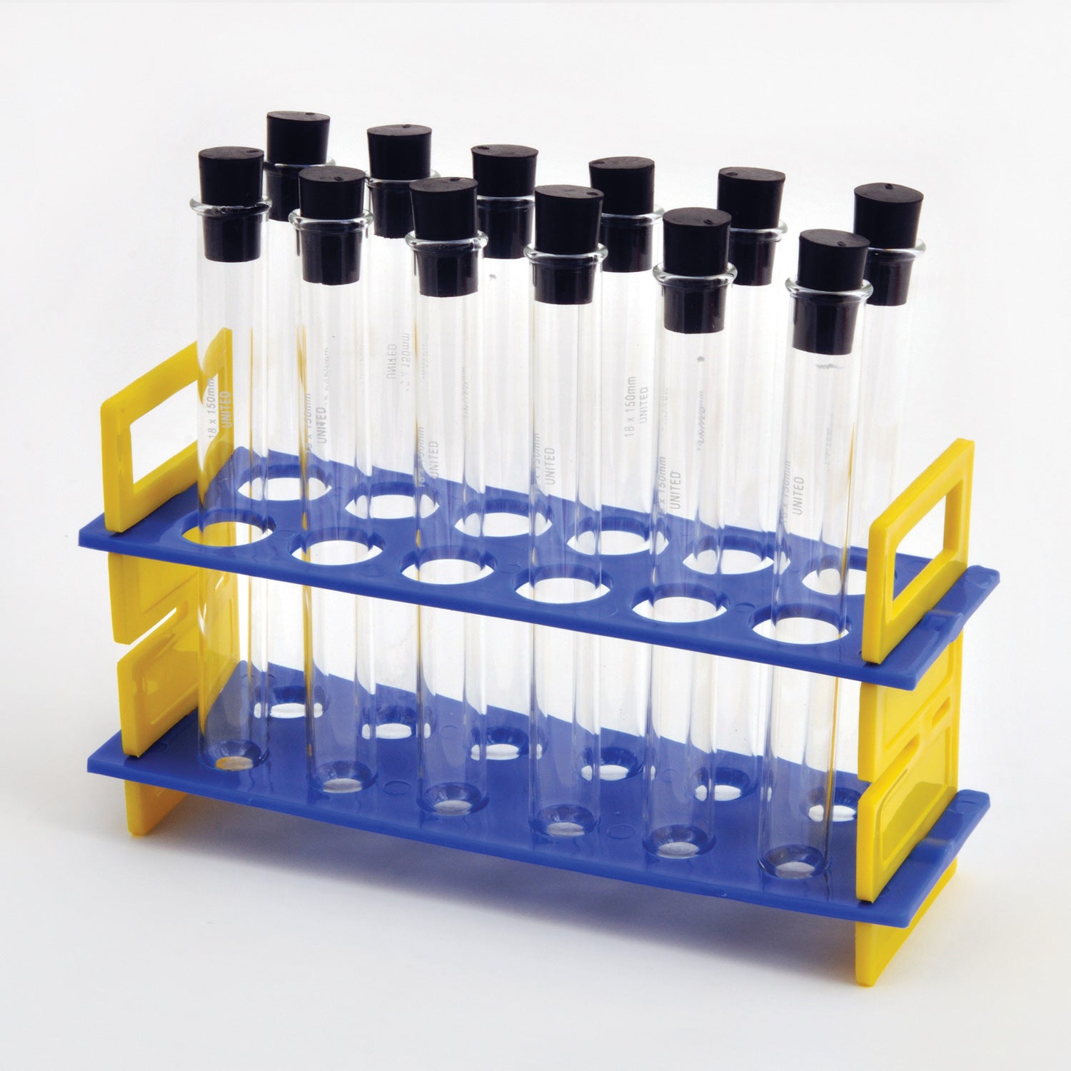 United Scientific® 24mL Glass Test Tube Rack Set with 12 Test Tubes & Rubber Stoppers – Two-Tier Polypropylene Laboratory Rack