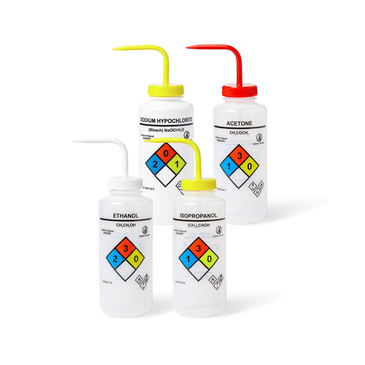 UniSafe™ 1000mL Assorted Vented Wash Bottles – LDPE Safety Squeeze Bottles (Set of 4 – Acetone, Ethanol, Isopropanol, Sodium Hypochlorite)