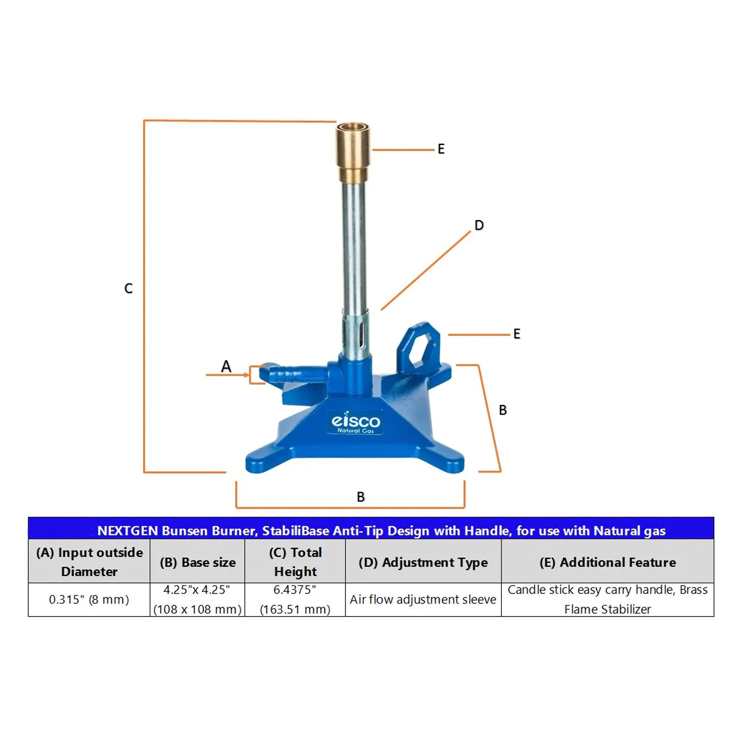 Natural Gas Bunsen Burner – StabiliBase™ Anti-Tip Design with Handle & Flame Stabilizer | Eisco Labs
