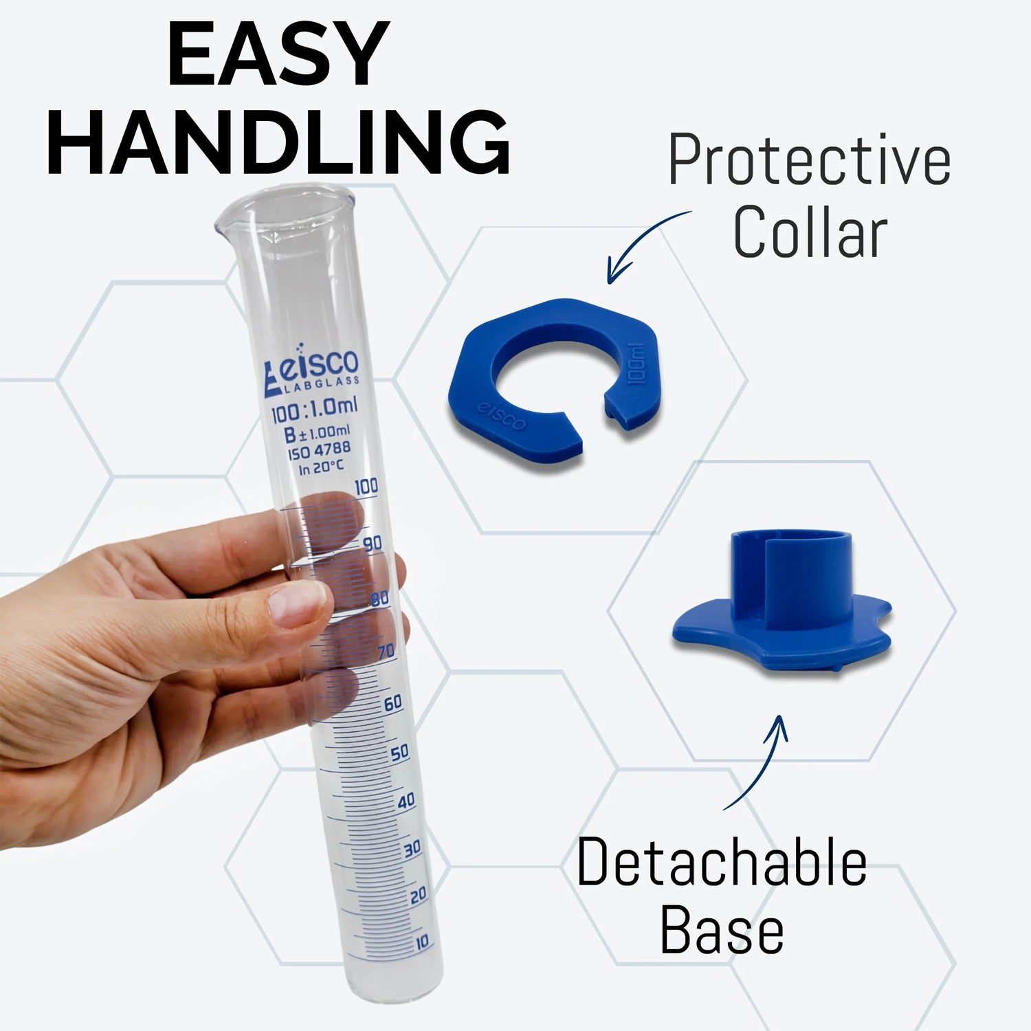 50mL Class B Borosilicate Glass Measuring Cylinder with Plastic Hexagonal Base & Protective Collar – Eisco Labs