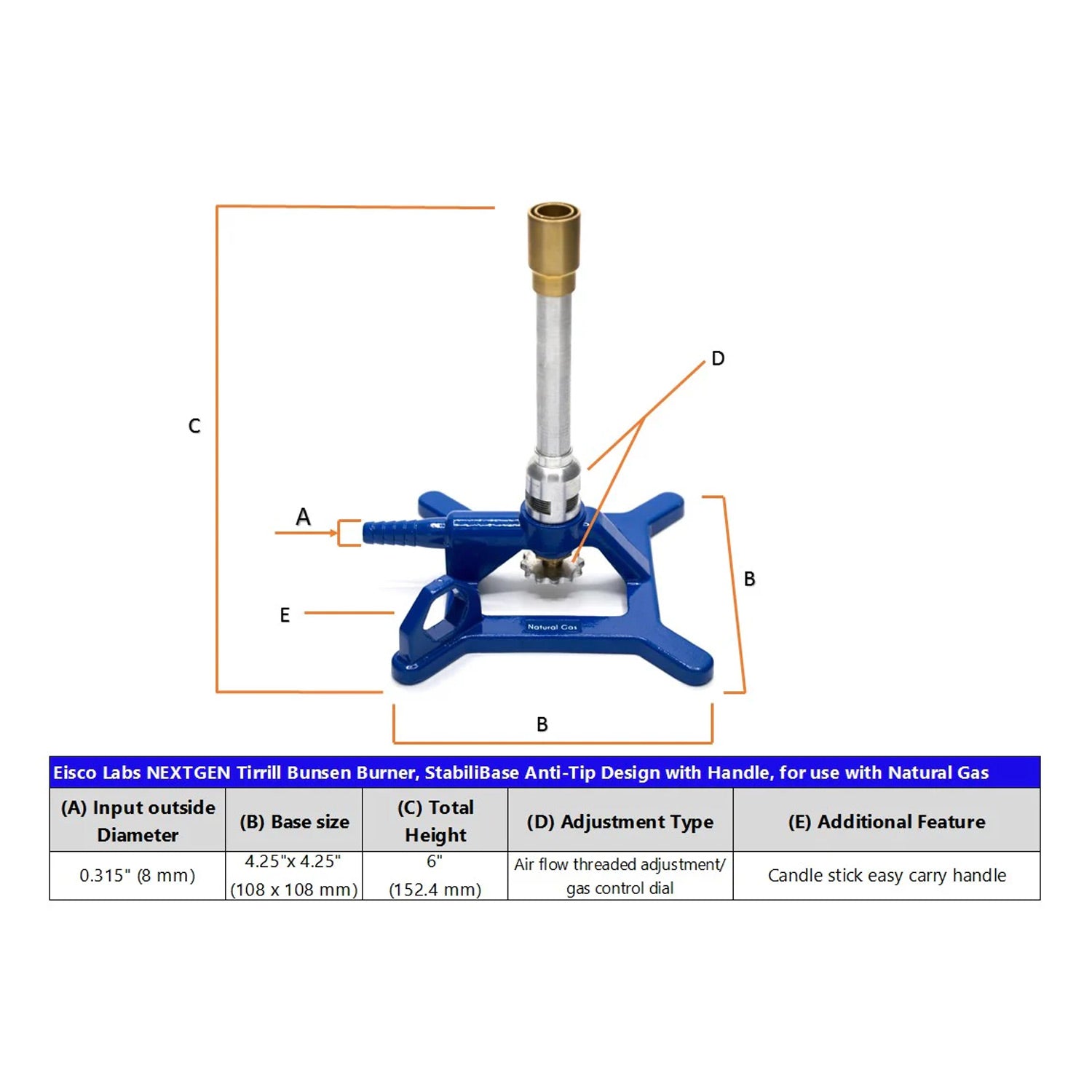 Natural Gas Tirrill Bunsen Burner – StabiliBase™ Anti-Tip Design with Handle, Adjustable Air/Gas Mixture – Eisco Labs