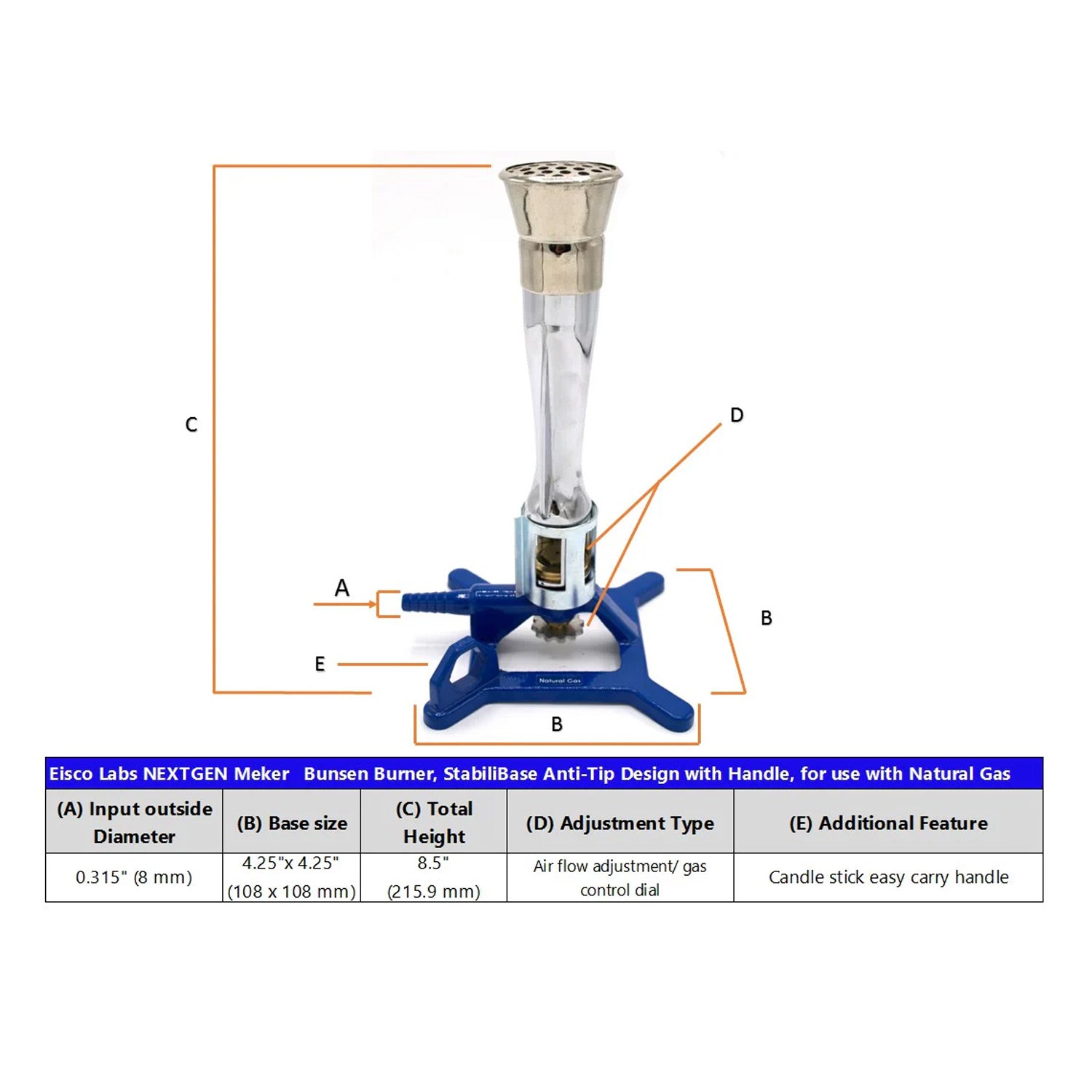 Natural Gas Meker Bunsen Burner – StabiliBase™ Anti-Tip with Handle, High-Temperature Lab Burner (1780°C, 935–1180 BTU) – Eisco Labs