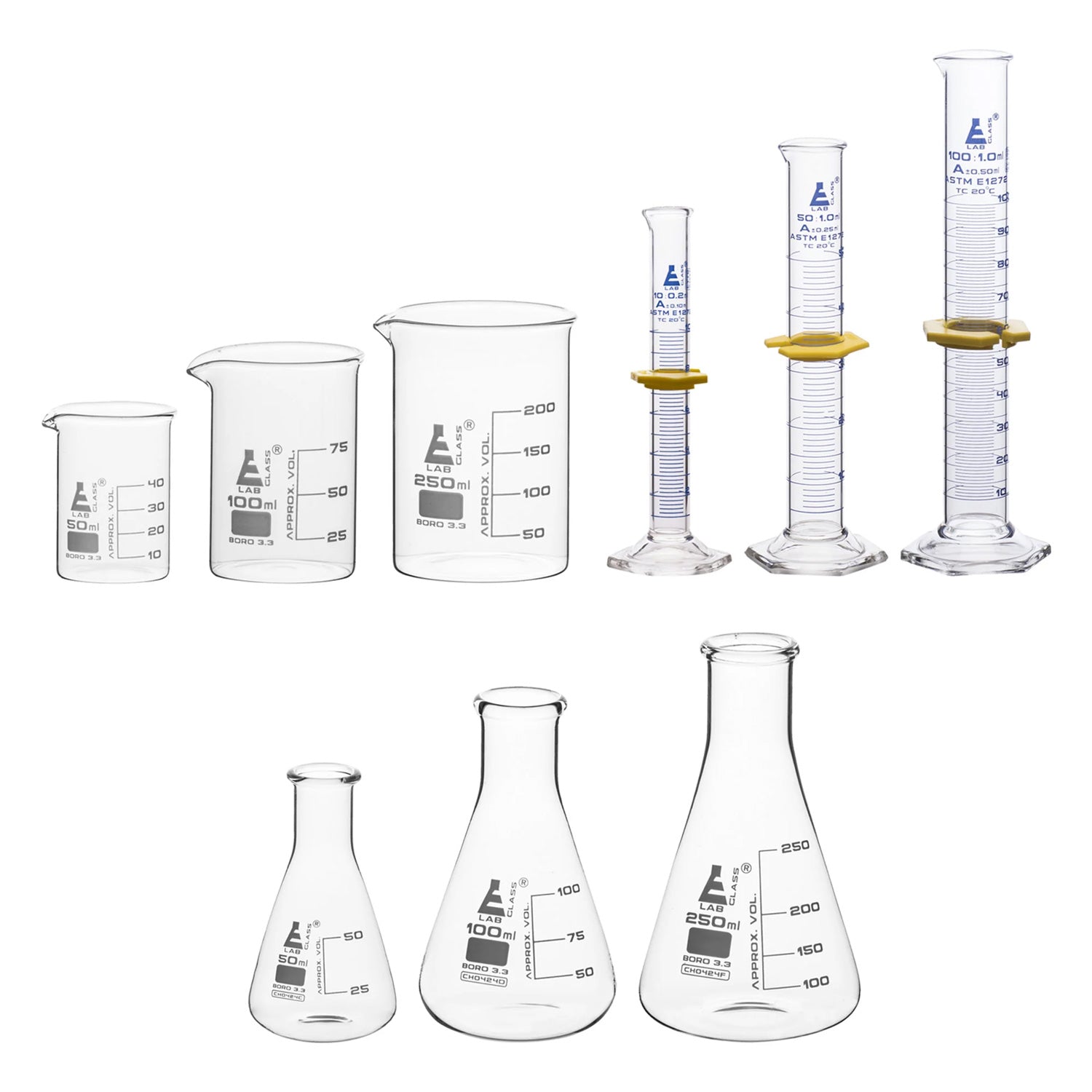 Eisco Labs 9-Piece Glassware Safety Pack – Borosilicate Beakers, Erlenmeyer Flasks & ASTM Class A Measuring Cylinders