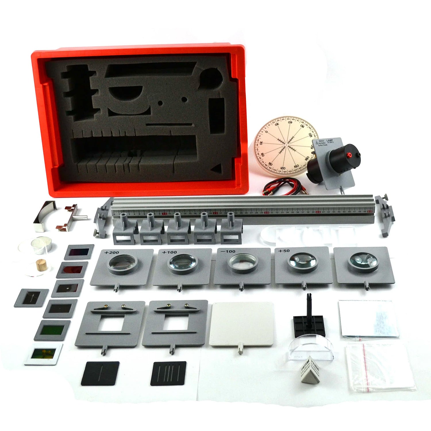 Eisco Labs Complete Optical Bench Kit with 40 Pieces & 20 Physics Lab Activities – Optical Bench and Attachment Set for Optics Experiments