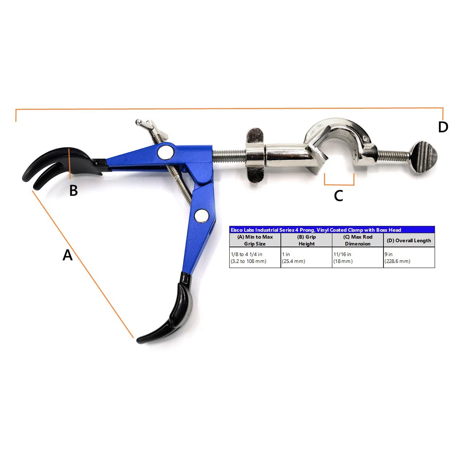 4-Prong Vinyl Coated Clamp with Swivel Bosshead – 4.1" Max Opening, Heavy-Duty Zinc Alloy, Rust-Free Laboratory Clamp