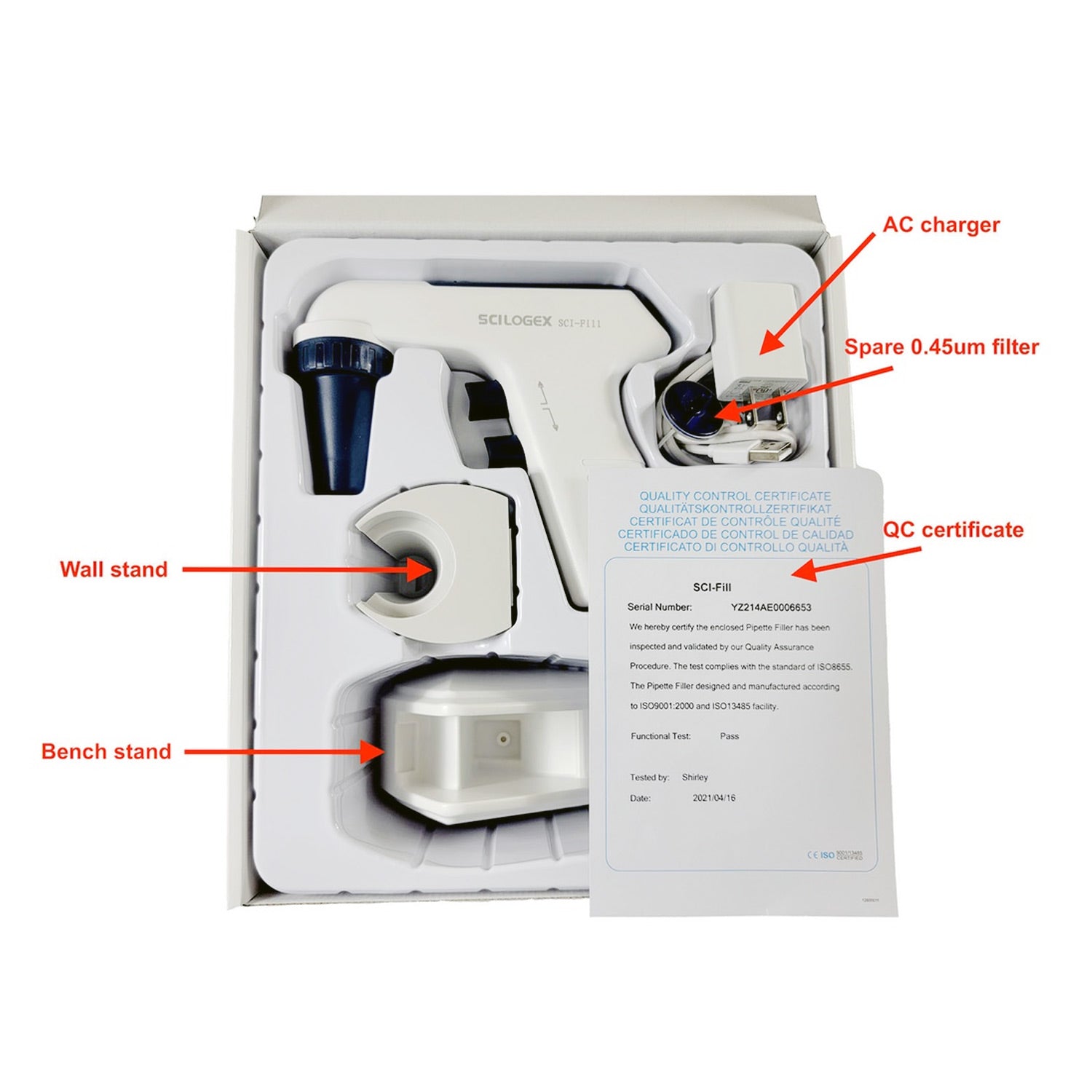 SCILOGEX SCI-Fill Motorized Pipette Filler – Ergonomic Pipette Controller with LCD Display, 2 Hydrophobic Filters, AC Charger & Wall Stand, 1–100mL Compatibility, US Plug