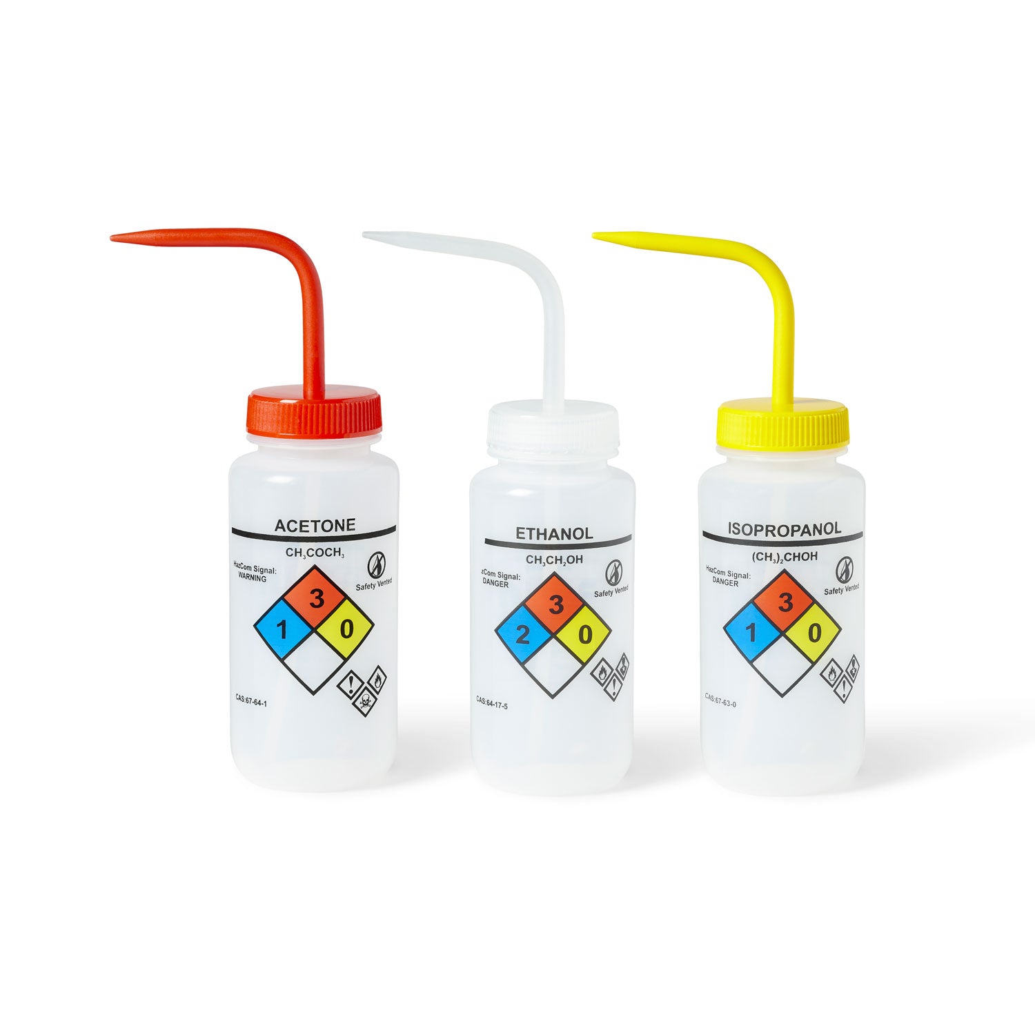 UniSafe™ Assorted Vented Safety Wash Bottles, 500mL – Set of 6 LDPE Chemical Bottles (GHS Compliant)