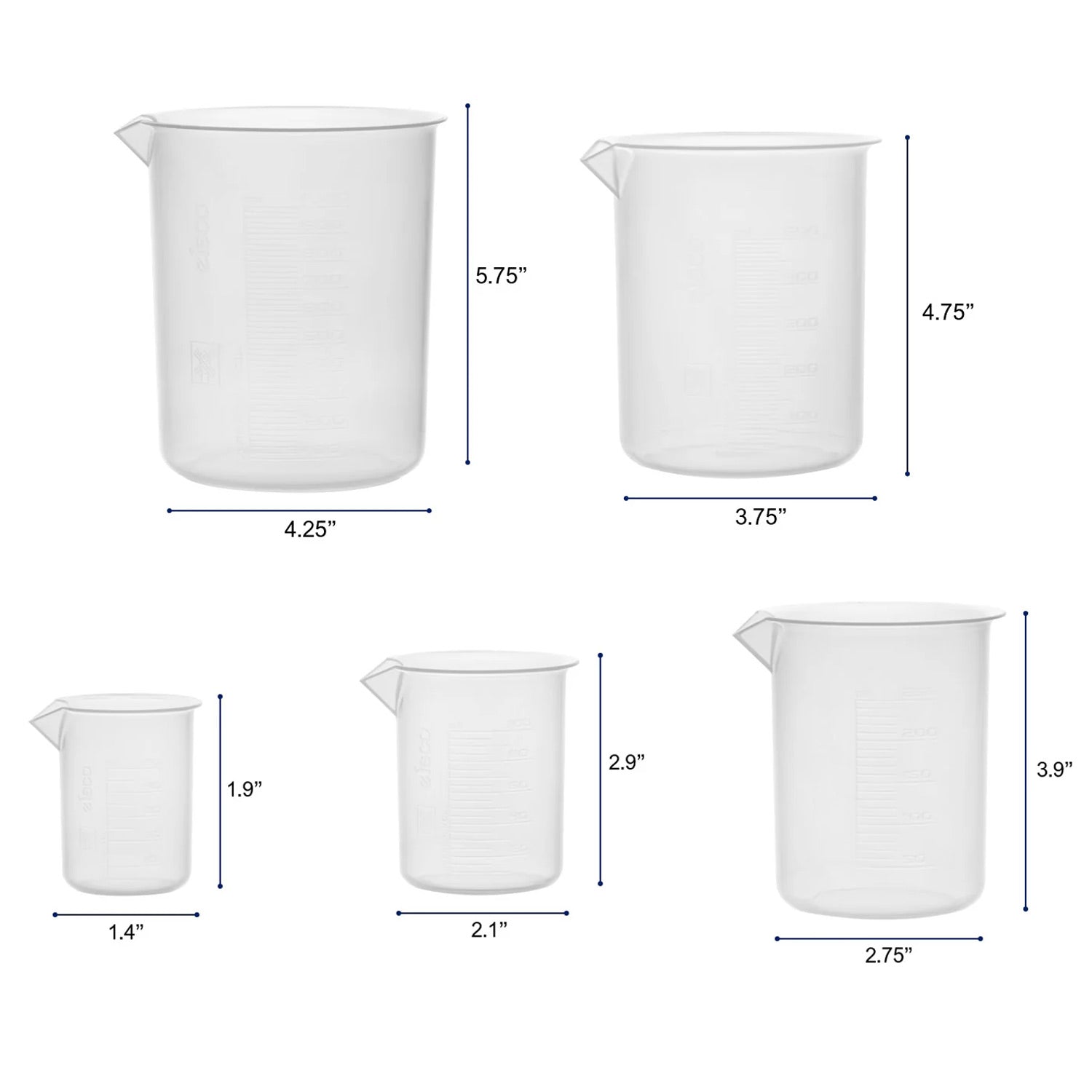 5-Piece Polypropylene Plastic Beaker Set – 50ml, 100ml, 250ml, 500ml & 1000ml – Raised Graduations, Non-Drip Spout – Lab, Classroom & Home Use