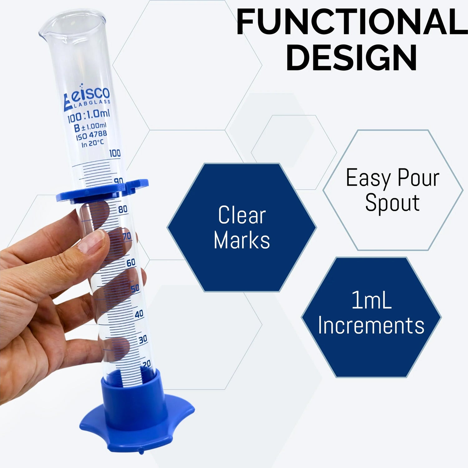 50mL Class B Borosilicate Glass Measuring Cylinder with Plastic Hexagonal Base & Protective Collar – Eisco Labs