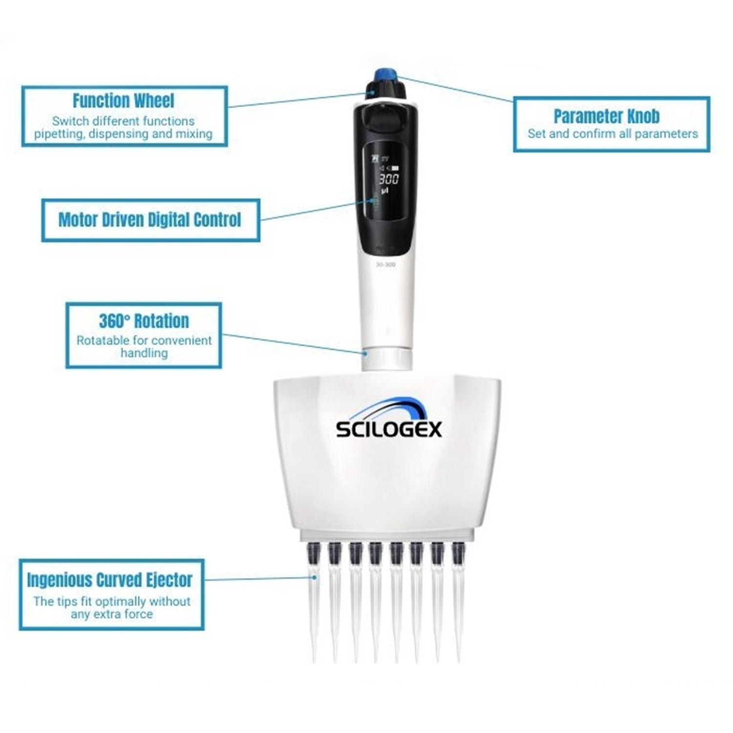 SCILOGEX iPette Plus 8-Channel Electronic Pipettor, Adjustable Multi-Channel Pipette with LED Display, Ergonomic Design, (0.5–300 µL)