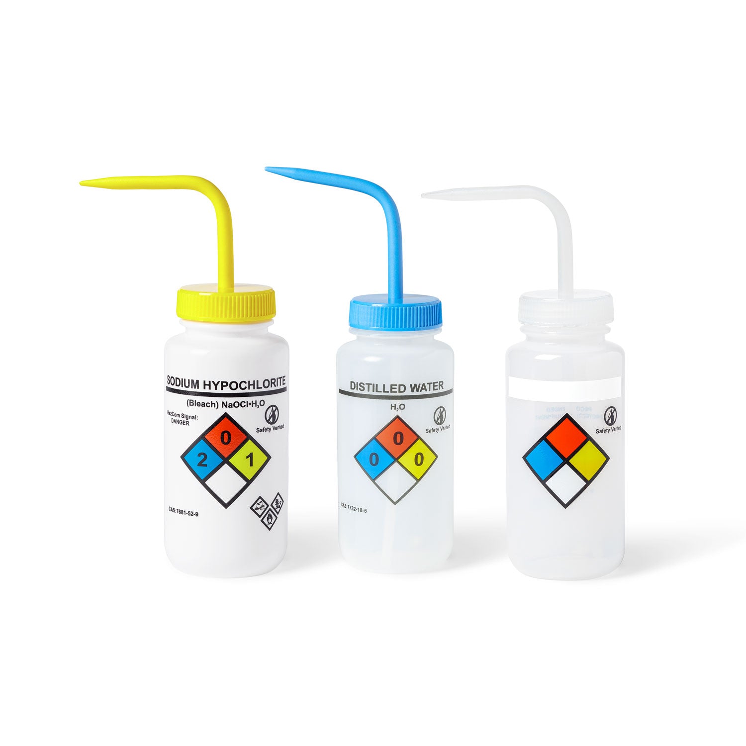 UniSafe™ Assorted Vented Safety Wash Bottles, 500mL – Set of 6 LDPE Chemical Bottles (GHS Compliant)