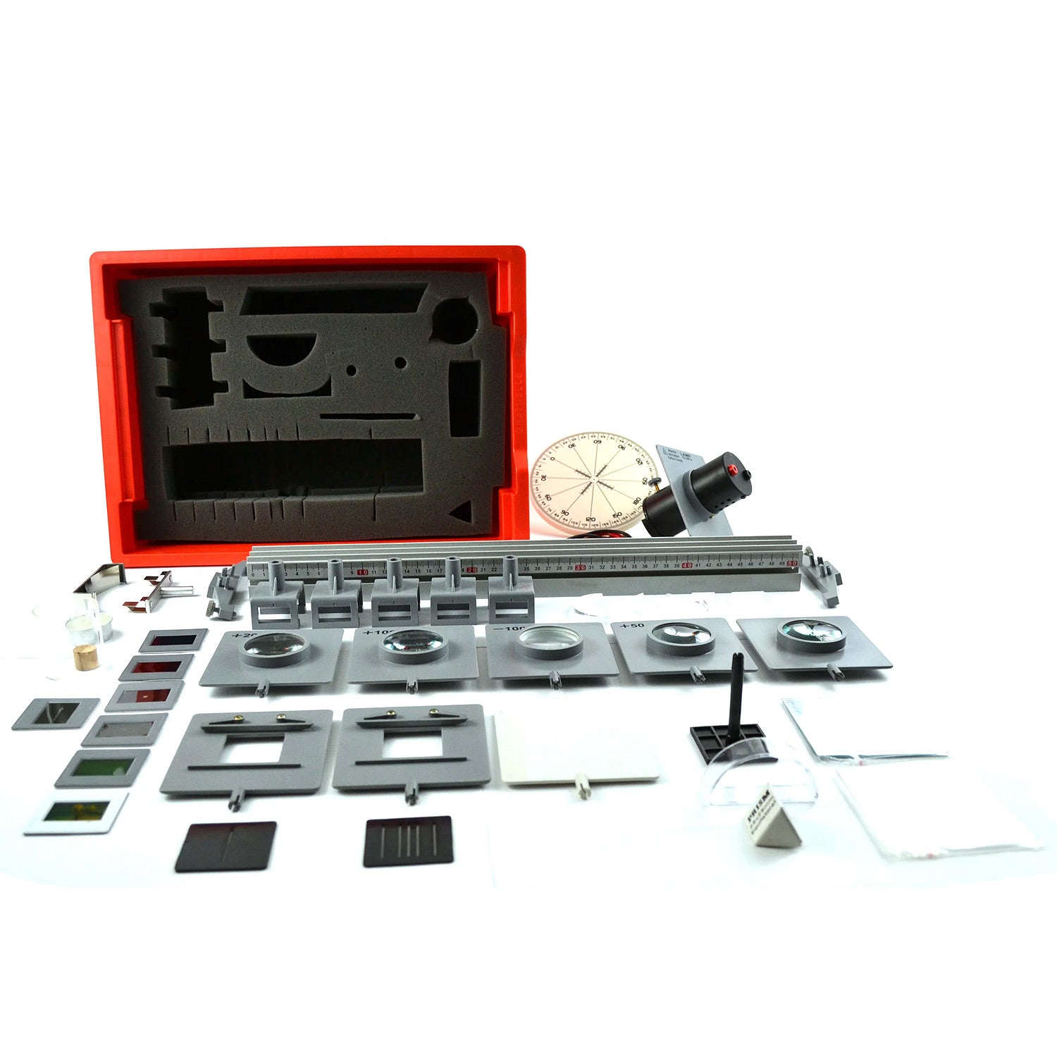 Eisco Labs Complete Optical Bench Kit with 40 Pieces & 20 Physics Lab Activities – Optical Bench and Attachment Set for Optics Experiments