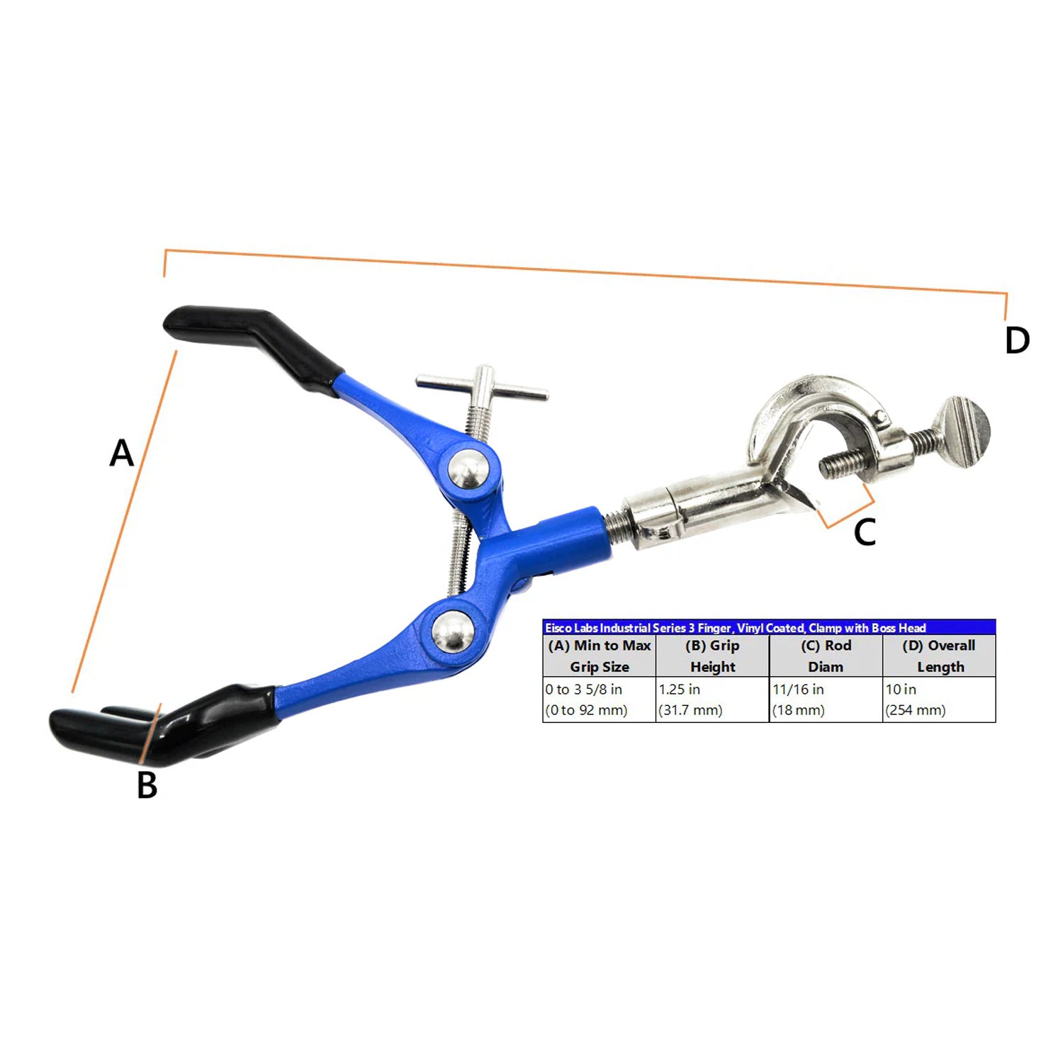 3 Finger Extension Clamp with Swivel Bosshead – Zinc Alloy, Vinyl-Coated Jaws, 3.4" (8.5 cm) Max Opening – Laboratory Retort Clamp for Beakers, Flasks & Test Tubes